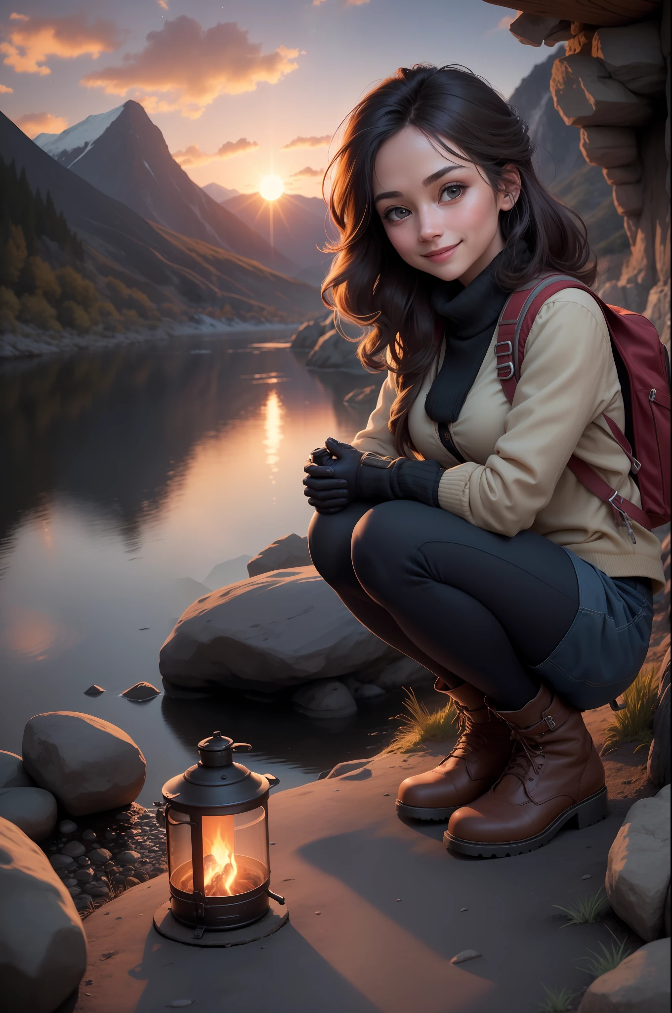 1 woman, hair with lights, skirt, cold blouse ((full body, crouching, smiling, happy)), masterpiece, best quality, perfect eyes, perfect hands, perfect legs, ultra-detailed, solo, outdoor, (sunset), mountains, nature, (stars, cloud) cheerful, happy, backpack, sleeping bag, camping stove, water bottle, tennis, gloves, flashlight, forest, rocks, river, wood, smoke, shadows,  contrast, style , (warm hue, warm tone: 1.2), cinematic light, side lighting, ultra high resolution, best shade, RAW, wooden house, campfire, wind, particles