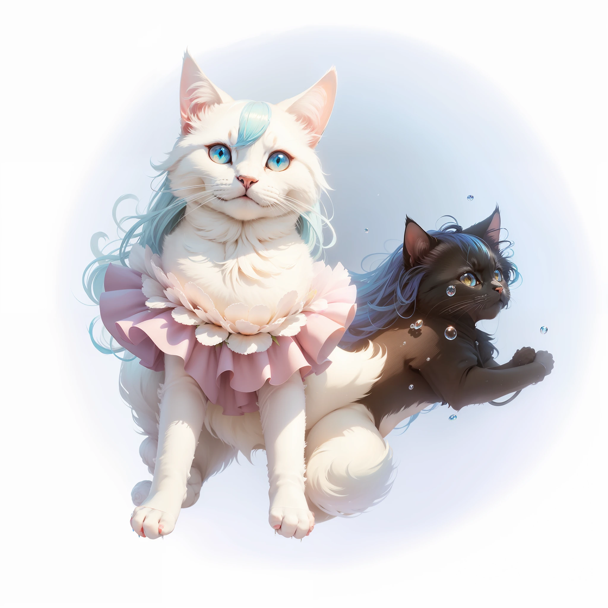 (masterpiece), (best quality), (ultra detailed),(disheed hair),(illustration), (1girl), (Fashionable clothing), standing, Fashion model, looking at viewer, (interview), (simple background), two cats, one black and one white, beautiful and delicate eyes, delicate and beautiful face, floating, (high saturation), (colorful splash), colorful bubbles, (shine), focus on the face, Ayaka Kamisato, light blue hair, bangs, hair rings, floating flowers, floating hair. cat, anime waifu, looking at viewer, highly detailed, reflections transparent iridescent colors, long transparent iridescent RGB hair, artby Serafleur from artstation, thick acrylic, illustration on pixiv, Waist up portrait, gorgeous cat, best quality, super detailed, sad, smart, pretty face, character style rendered by Octane, --auto --s2
