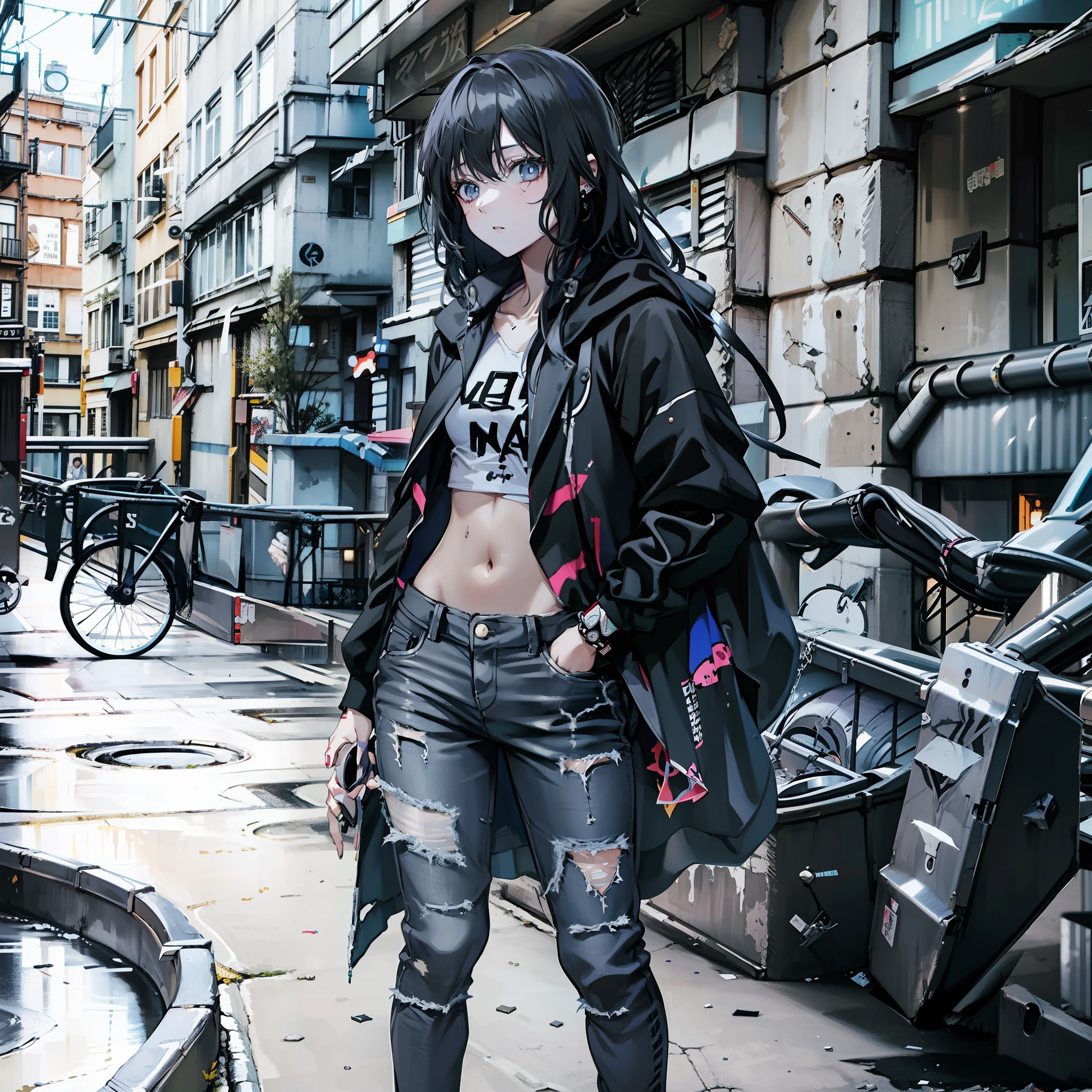 anime girl, worst clothes,night, punk girl, long hair, broken clothes, in pants, grey cloak,