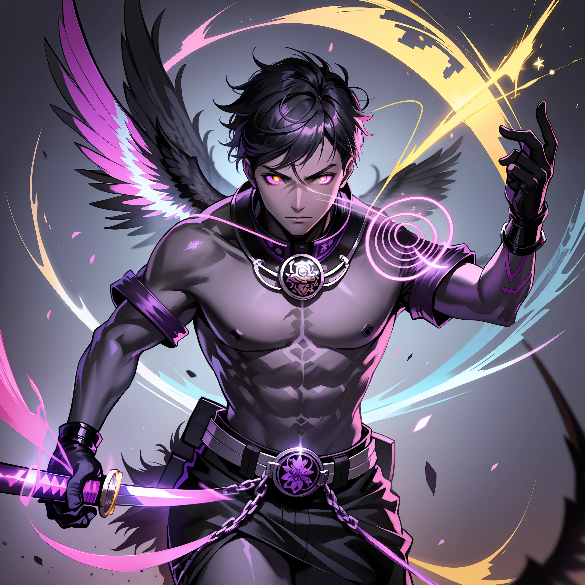a black ager with glowing purple eyes, wielding a katana accompanying a holy eagle