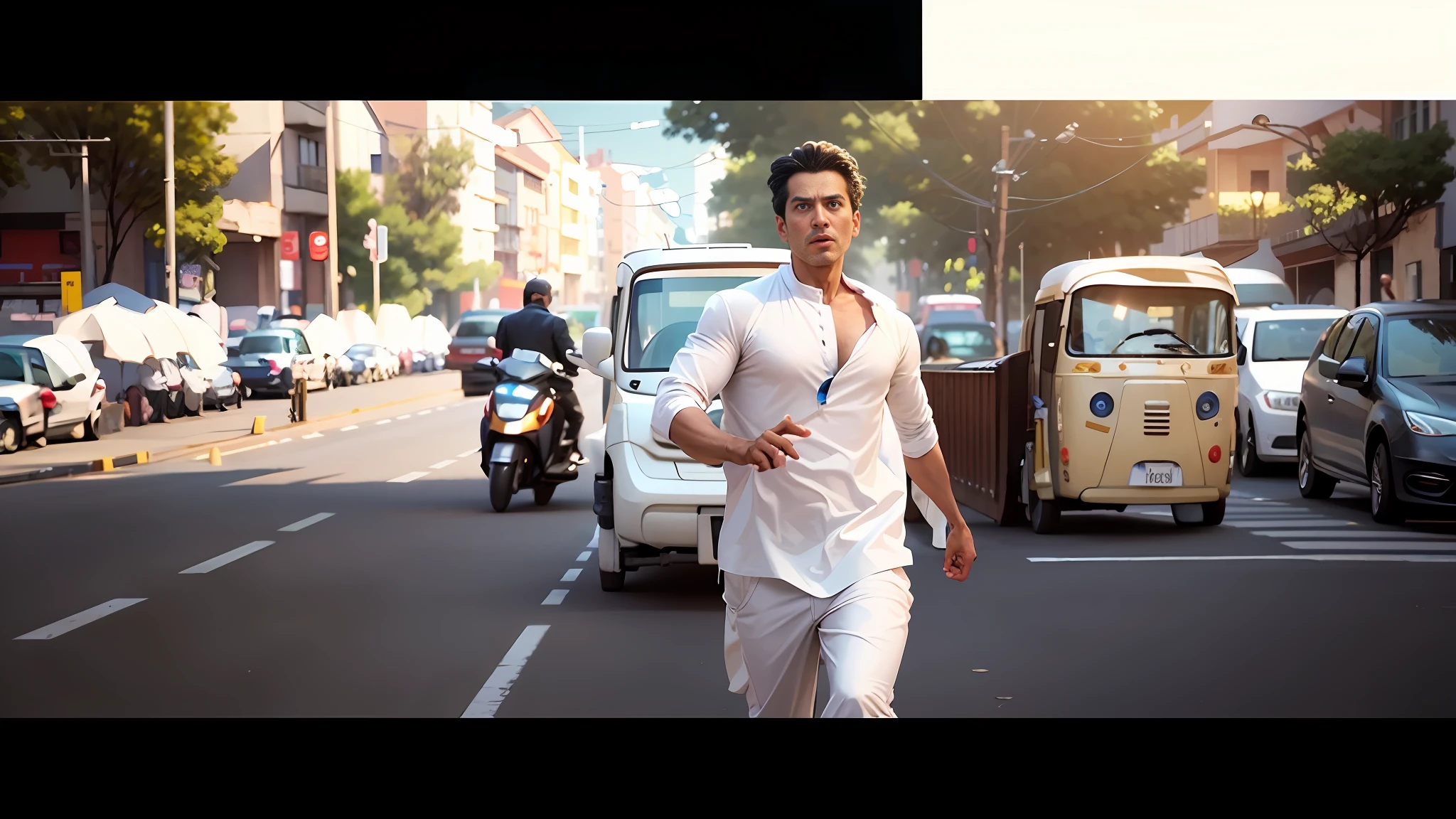 there is a man walking down the street in a white outfit, movie action still frame, still from a terence malik film, chasing action scene, still from a movie, still frame from a movie, still shot from movie, screenshot from a movie, youtube video screenshot, tv commercial, still from movie, still from the movie, shot from movie, outrun style