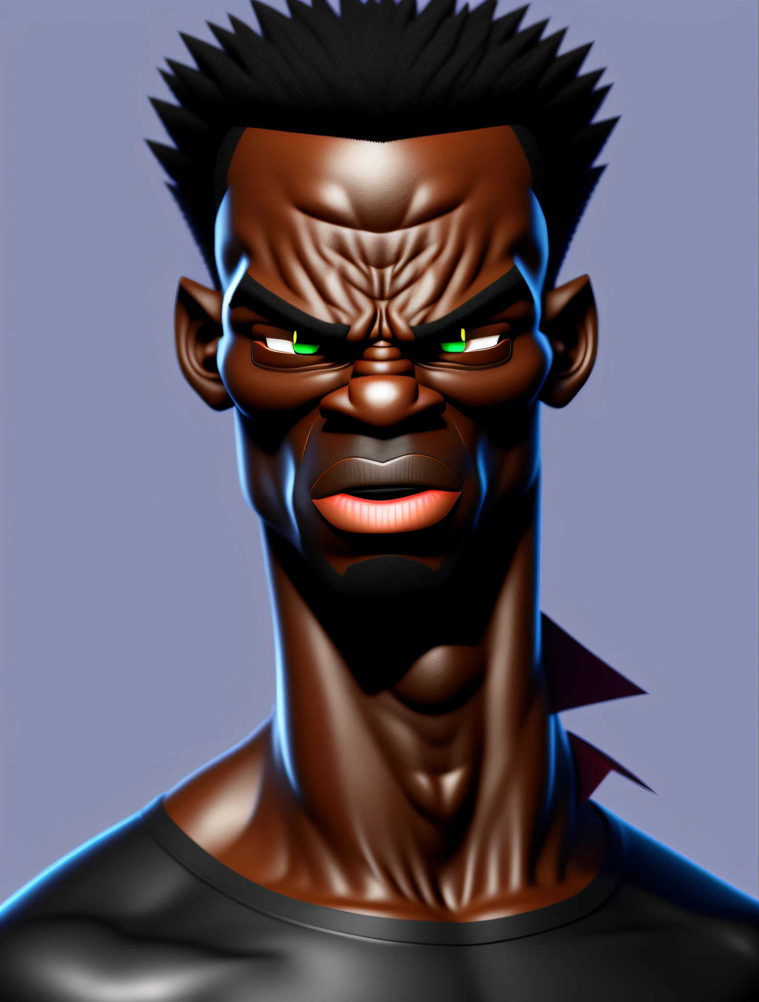 a cartoon character with an angry look on his face, trending on zbrush central, digital art, spiky black hair and dark skin, hyper realistic style, anger, arnold rendering