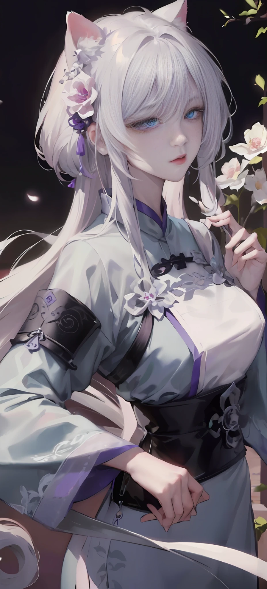 Masterpiece, Best, Night, Full Moon, 1 Female, Mature Woman, Chinese Style, Ancient China, Elder Sister, Royal Sister, Cold Face, Expressionless, Silver White Long Haired Woman, Pale Pink Lips, Calm, Intellectual, Three Belts, Gray Hitomi, Assassin, Dagger, Flower Ball Background, Strolling Street Masterpiece, Best, Night, Full Moon, 1 Female, Mature Woman, Chinese Style, Ancient China, Elder Sister, Royal Sister, Cold Face, Expressionless, Silver White Long Haired Woman, Pale pink lips, calm, intellectual, three belts, gray pupils, assassin, dagger, flower ball background, street view, white-haired catwoman, Hanfu, cat ears, cat tail, clear purple eyes
