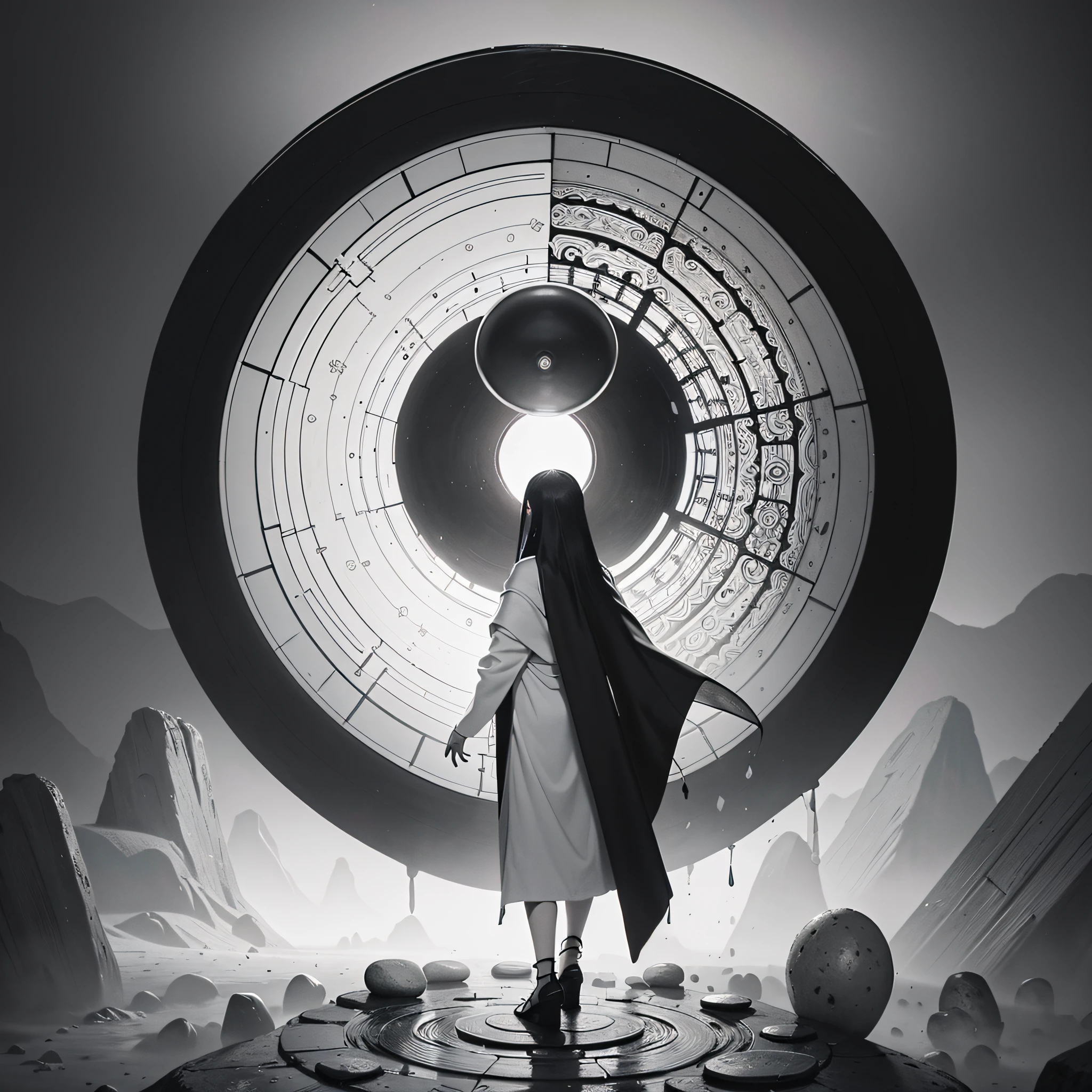 black and white, masterpiece, best quality, zen, minimalism, back of a woman in cloak, rim_light, floating, a big circular object in head, totem, stones, arcane, an ultrafine detailed painting, psychedelic art,