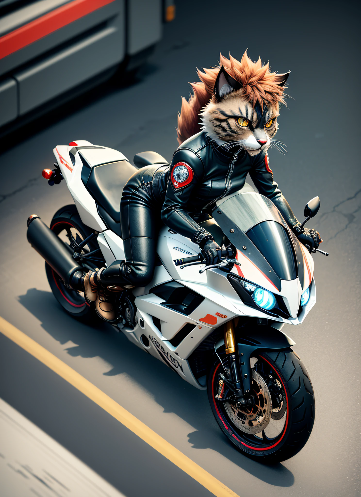 (furray) (furry,anthropomorphic furry cat, best quality: 1.2), ((riding a motorcycle, akira style)), seen from above. (cyberpunk police car background), (masulin waist) ((Best quality))