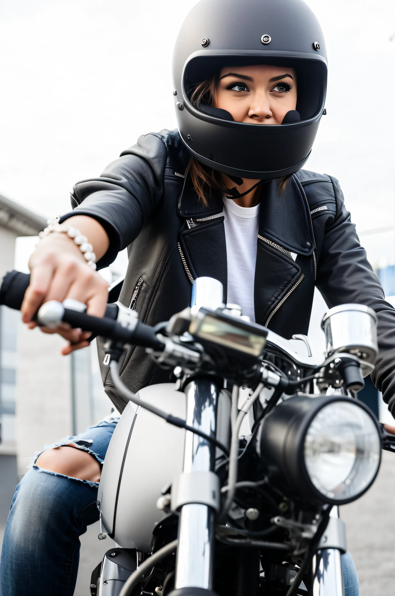 There is a woman riding a motorcycle in a helmet, riding a futuristic motorcycle, motorcyclist, motorcyclist rider, sitting on a motorcycle, wearing motorcycle leather, riding a motorcycle on the street, wearing a leather jacket, motorcycle, café racer