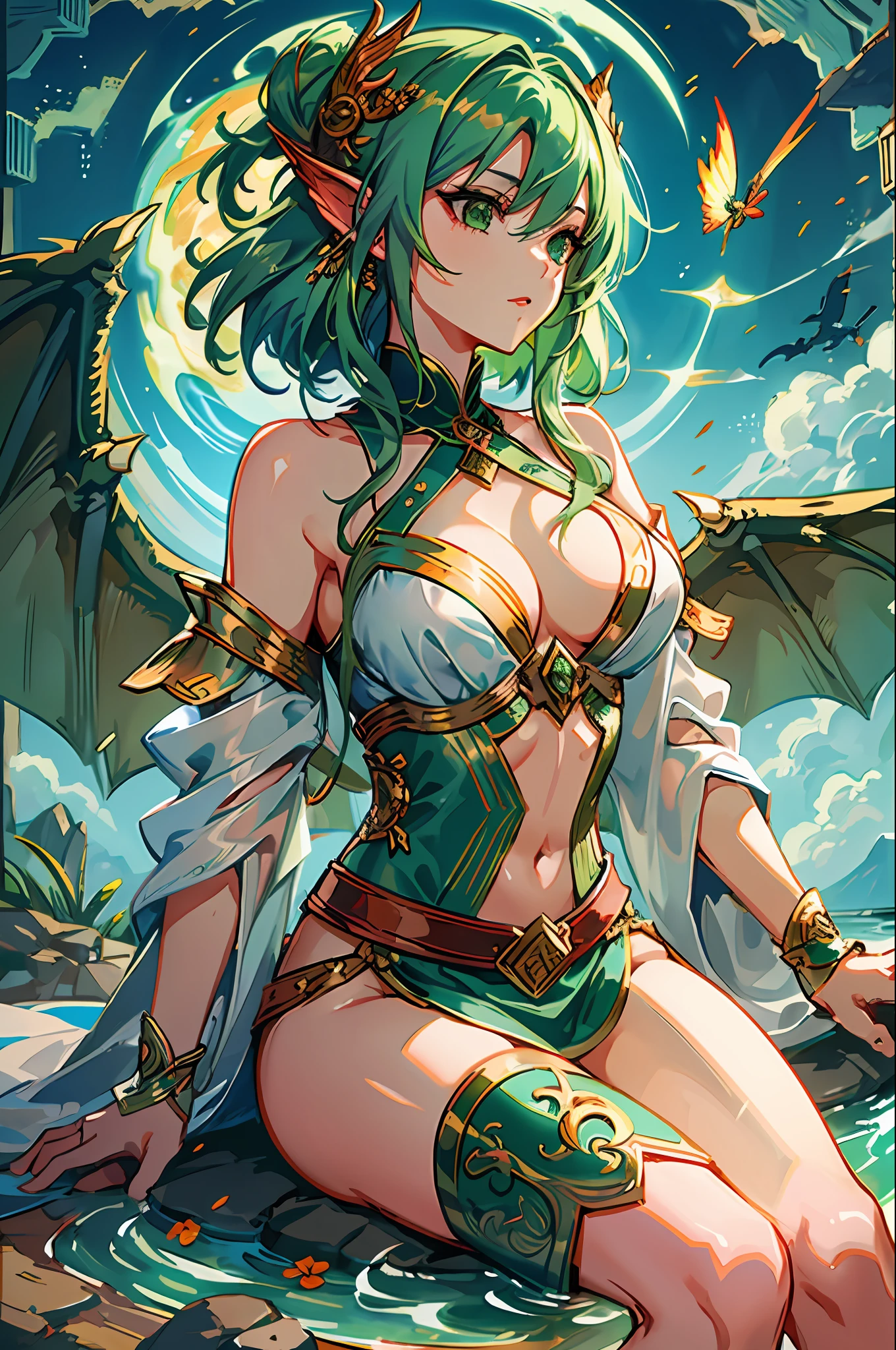 high detailed, ultra-detailed; A majestic dragon lady with green hair., 1dragon lady, ((green hair)), flying, (dragon scales), powerful aura, mythical creature, Prompt: ((masterpiece)), high detailed, ultra-detailed; A majestic dragon lady with green hair. 1dragon lady, ((green hair)), flying, (dragon scales), powerful aura, mythical creature, ((masterpiece)), ((best quality)), 8k, ((best quality)), 8k