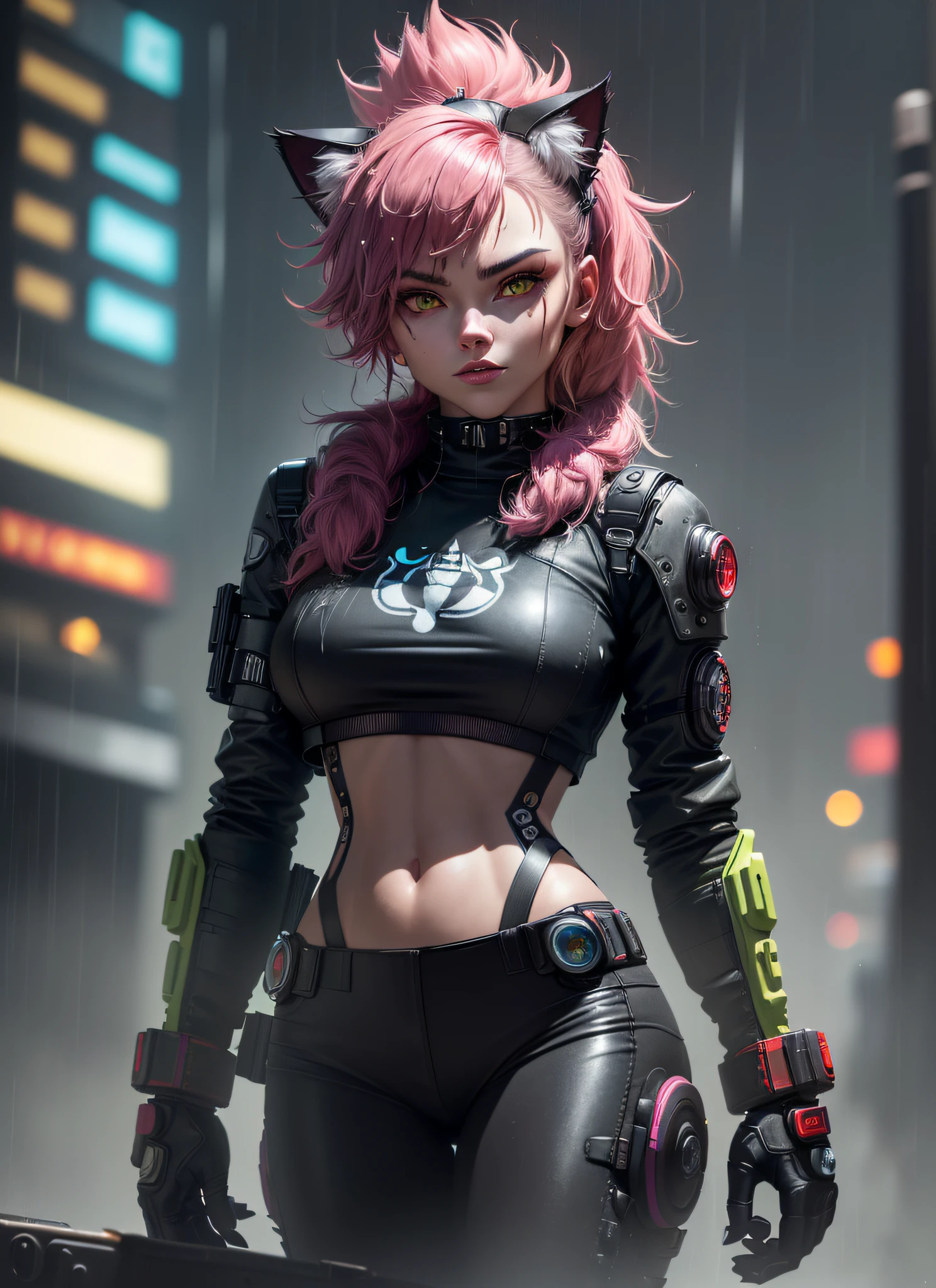 (furray) (hairy,anthropomorphic cat, best quality: 1.2), seen from above. (cyberpunk truck background, (masulin waist) ((Best quality)), (soft colors: 1.2, dark studio, rim lighting, two-tone lighting, dim light, low tone, ), ((heavy rain weather)),