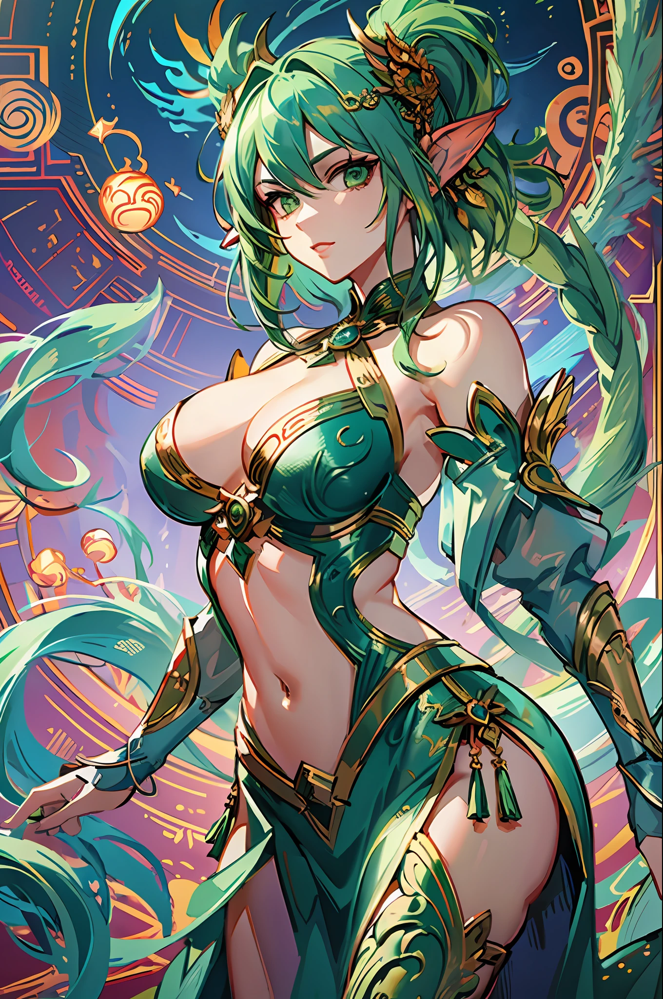 high detailed, ultra-detailed; A majestic dragon lady with green hair., 1dragon lady, ((green hair)), flying, (dragon scales), powerful aura, mythical creature, Prompt: ((masterpiece)), high detailed, ultra-detailed; A majestic dragon lady with green hair. 1dragon lady, ((green hair)), flying, (dragon scales), powerful aura, mythical creature, ((masterpiece)), ((best quality)), 8k, ((best quality)), 8k