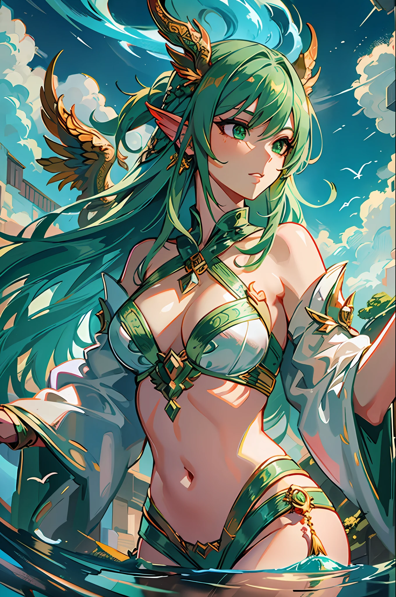 high detailed, ultra-detailed; A majestic dragon lady with green hair., 1dragon lady, ((green hair)), flying, (dragon scales), powerful aura, mythical creature, Prompt: ((masterpiece)), high detailed, ultra-detailed; A majestic dragon lady with green hair. 1dragon lady, ((green hair)), flying, (dragon scales), powerful aura, mythical creature, ((masterpiece)), ((best quality)), 8k, ((best quality)), 8k