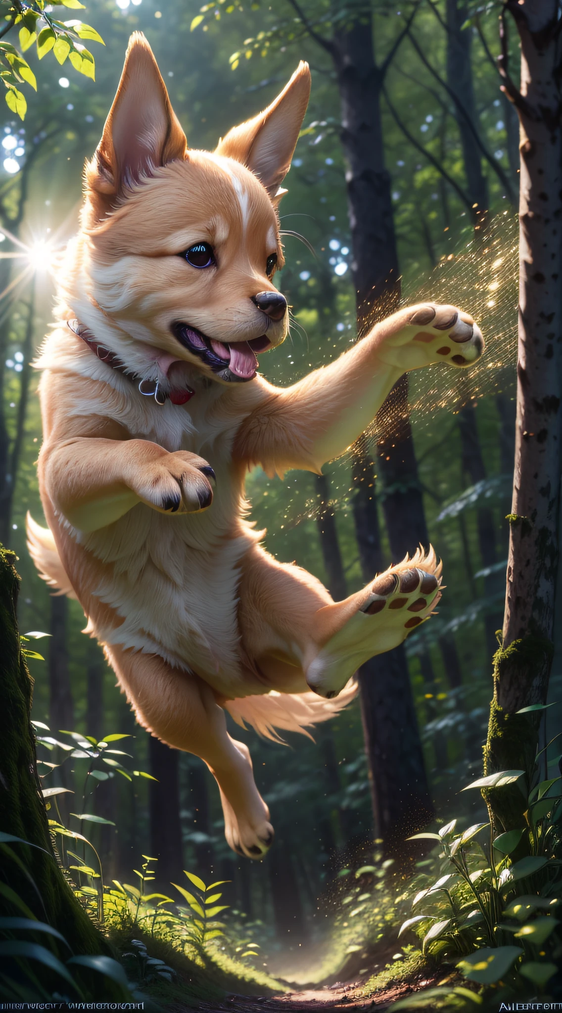 close up photo of a very cute jumping puppy in the forest, soft volumetric lights, (backlit:1.3), (cinematic:1.2), intricate details, (ArtStation:1.3), Rutkowski --auto --s2