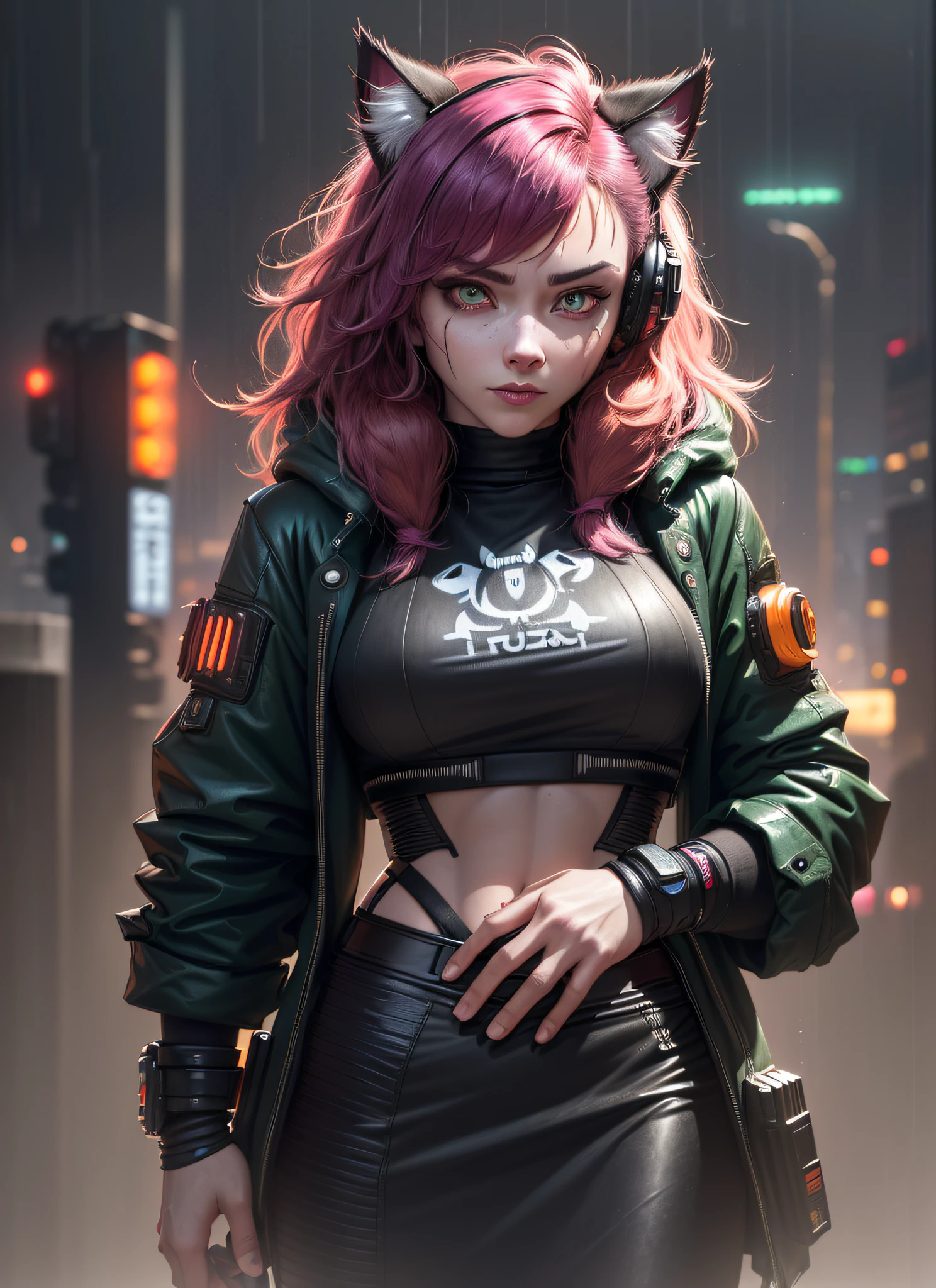 (furray) (hairy,anthropomorphic cat, best quality: 1.2), seen from above. (cyberpunk truck background, (masulin waist) ((Best quality)), (soft colors: 1.2, dark studio, rim lighting, two-tone lighting, dim light, low tone, ), ((heavy rain weather)),