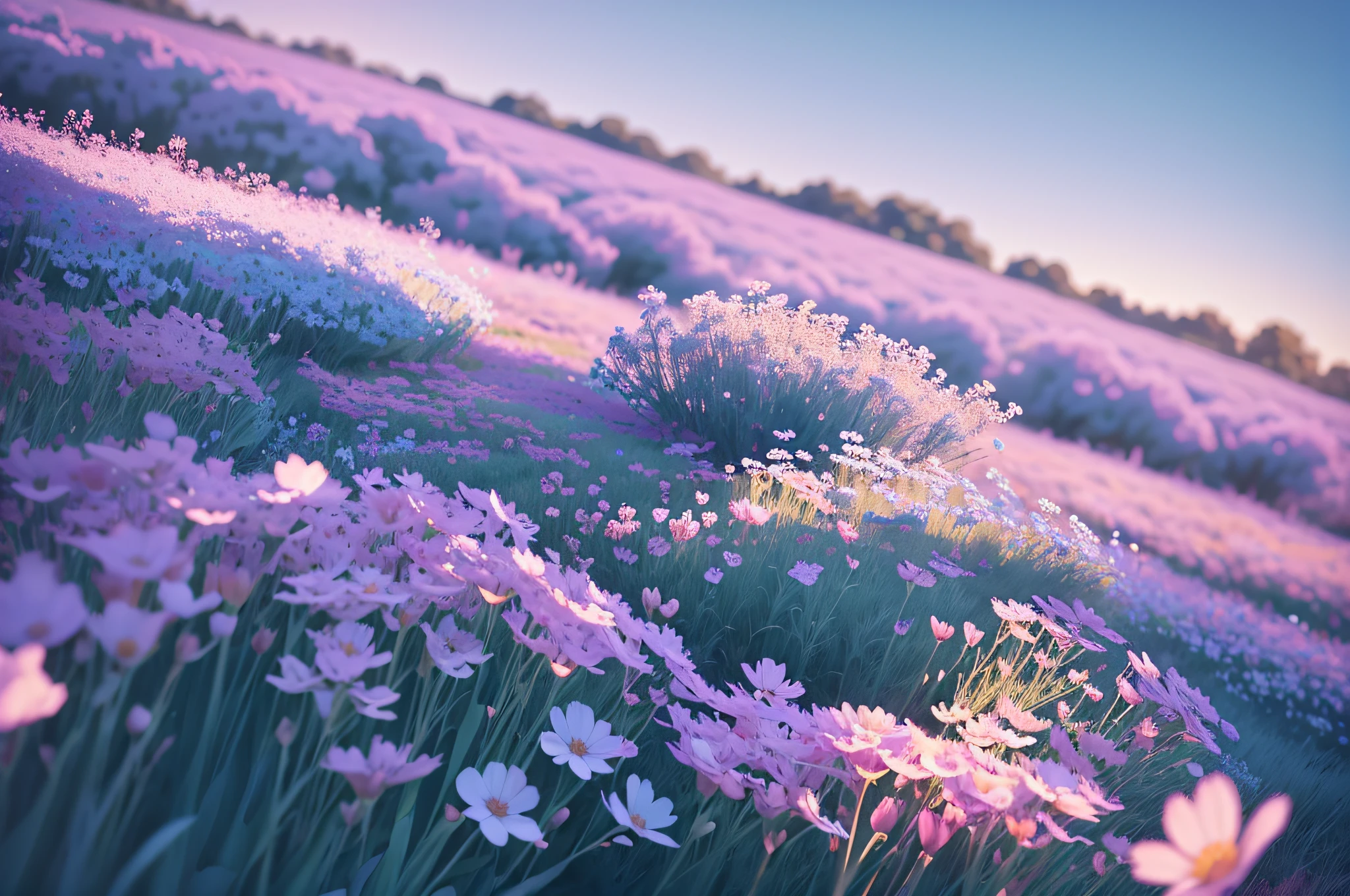flowers in a field with a blue sky in the background, dreamy floral background, blur dreamy outdoor, blue and pink colors, soft flowers, dreamy colors, dreamy blurred lens, field of fantasy flowers, lost in a dreamy fairy landscape, field of flowers background, soft blue light, pink and blue colors, soft blue and pink tints, beatiful backgrounds --auto --s2