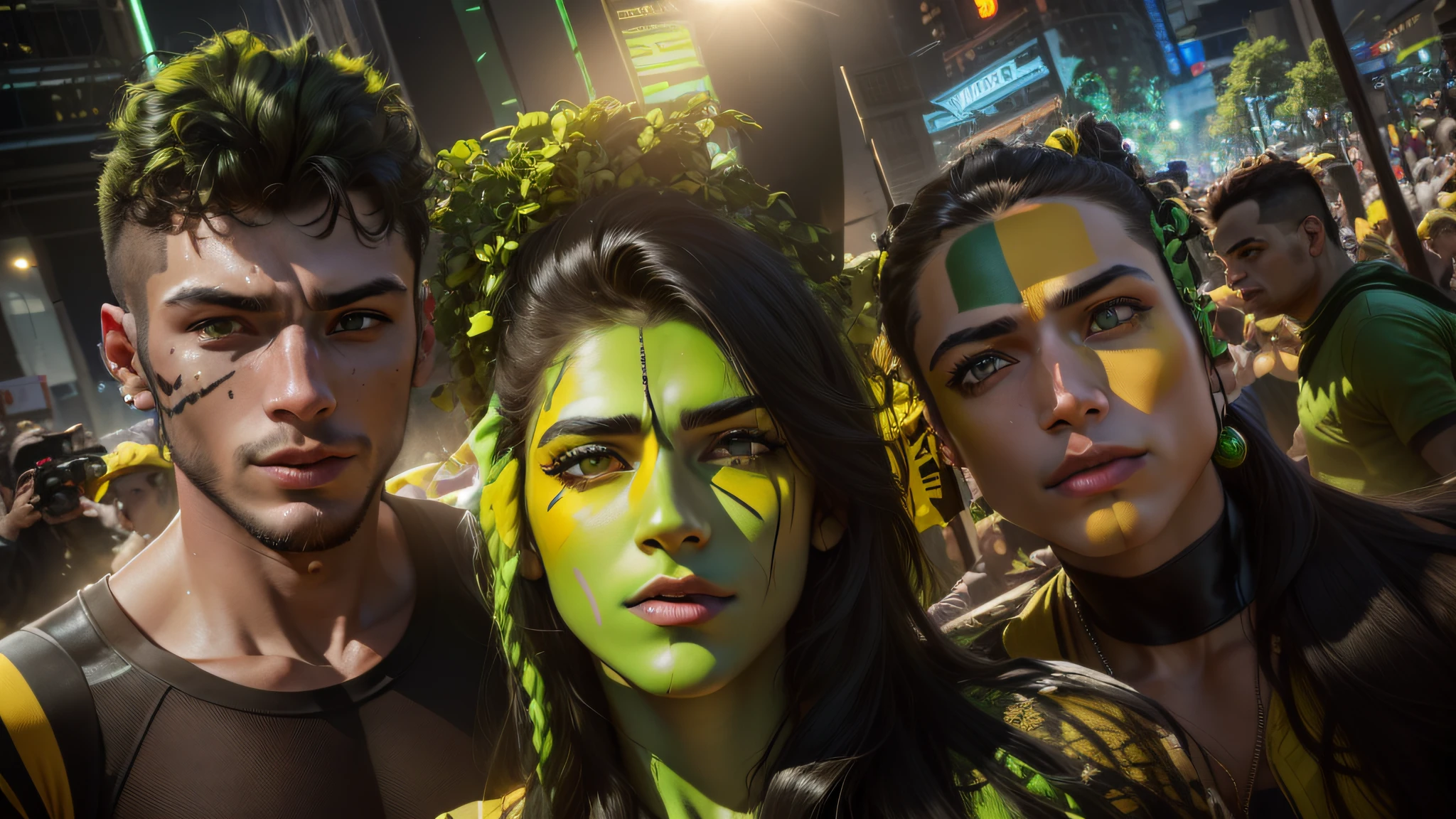 (8k, RAW photo, best quality, masterpiece: 1.2), (realistic, photorealistic: 1.37), photon mapping, Three people, a young man 19 years old with face painted green and yellow, two young women long hair black with faces painted green and yellow, in the background crowded people wearing green and yellow clothes
