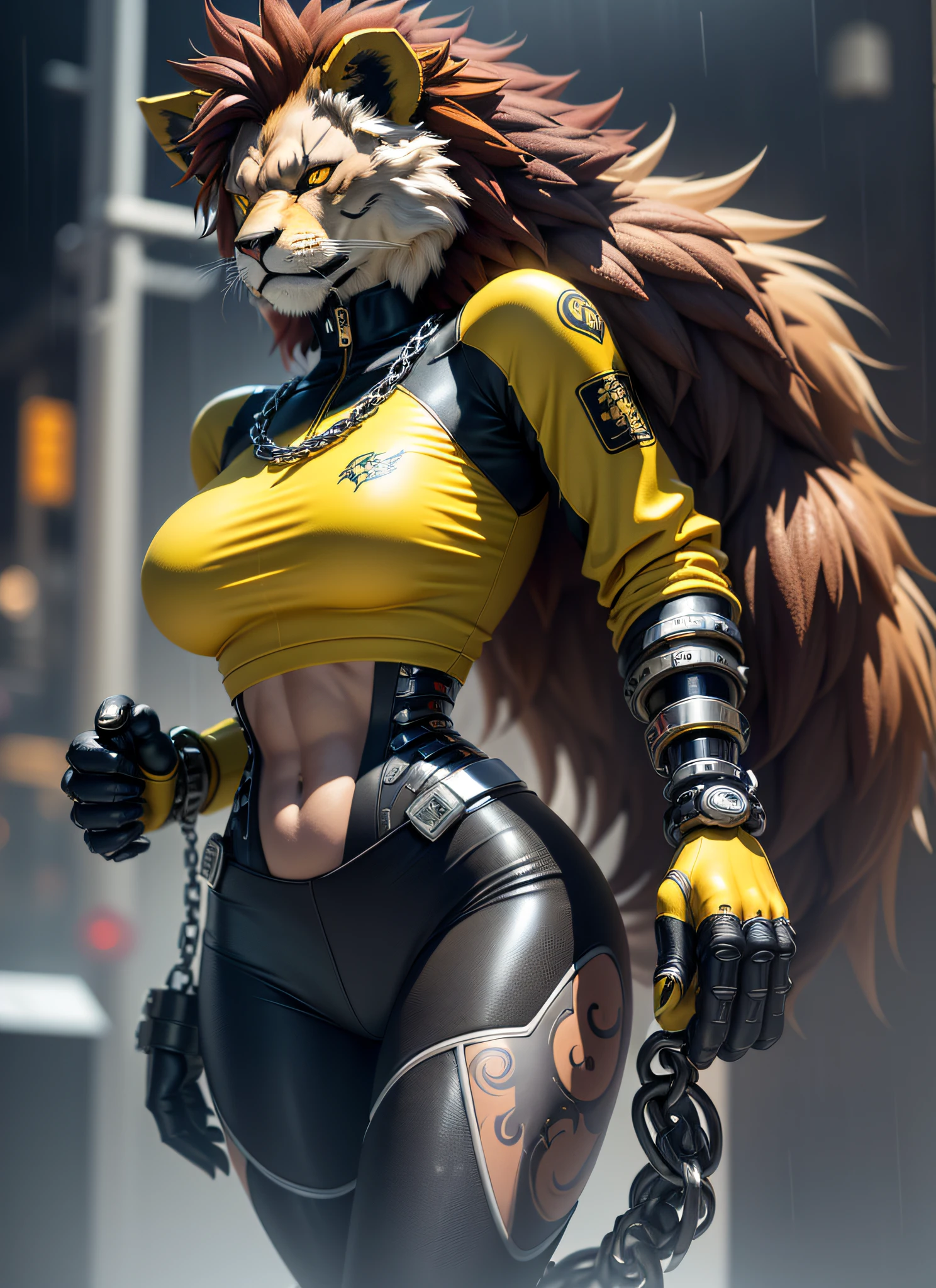 ((furry, anthropomorphic lion, best quality: 1.2)) ((Best quality)), (thin waist), ((cybernetic trunk)), ((masterpiece)), (detailed: 1.4), cyberpunk, large breasts, defined body (( tattoos "DRAGON" yakuza)), (soft colors: 1.2, dark studio, rim lighting, two-tone lighting, dim light, low tone, ), ((heavy rain weather)), , yellow jacket, tight pants (written "FELINÓPOLIS", with chains, 3D, masterpiece, super detail, best quality