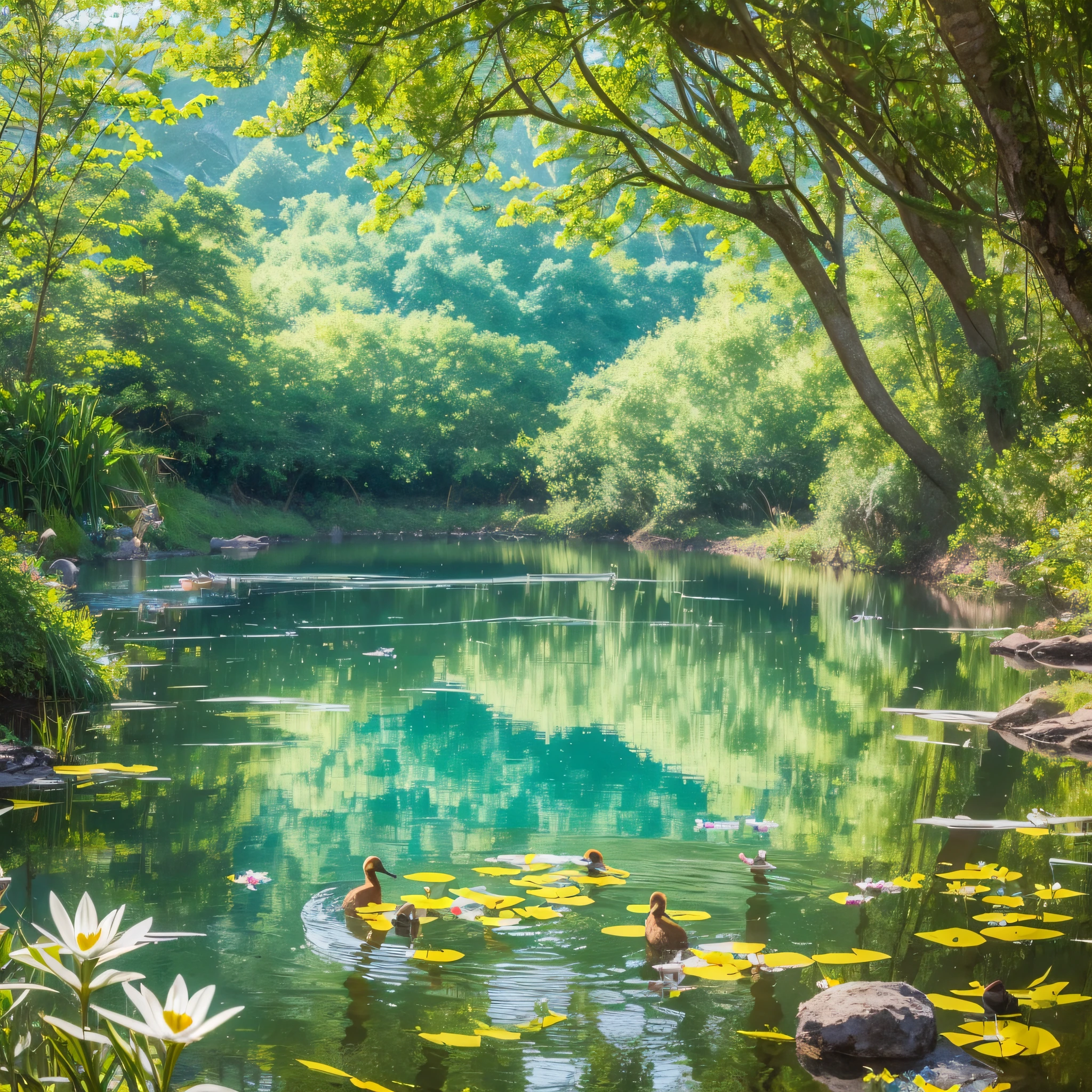 Draw a beautiful lake surrounded by a lush forest. The crystal clear waters reflect the blue sky, while a family of ducks swim happily on the surface. At the bottom of the lake, you can see fish swimming amid aquatic plants. Colorful butterflies and buzzing bees fly from flower to flower. On a nearby branch, a squirrel plays with a walnut, while a bird sings a beautiful melody. It is a quiet and magical place where wildlife flourishes in harmony. --auto --s2