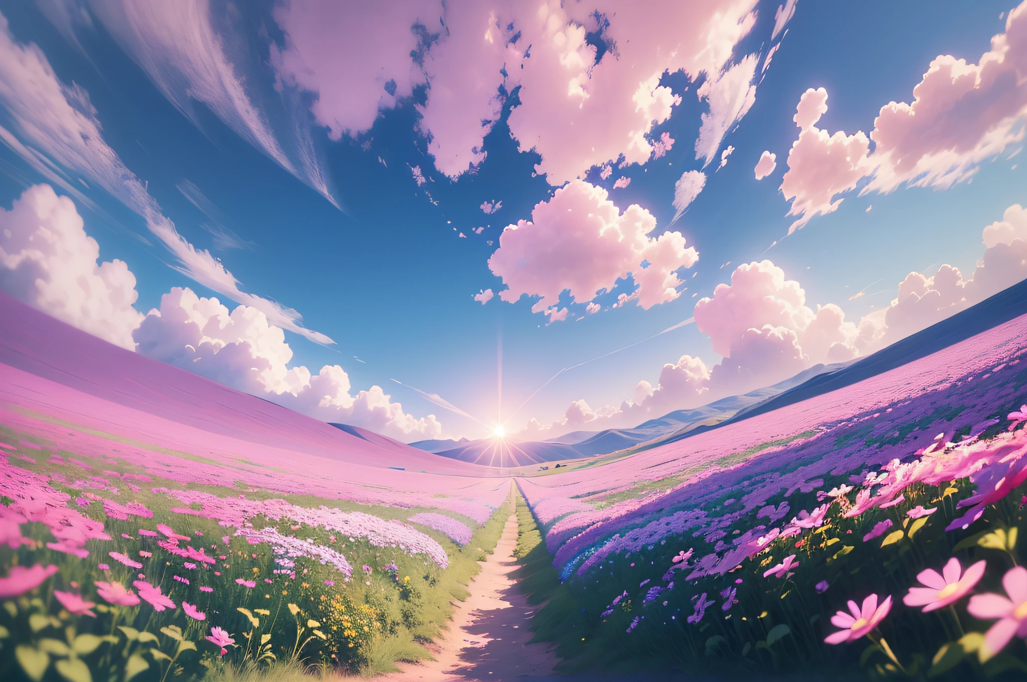 flowers in a field with a blue sky in the background, dreamy floral background, blur dreamy outdoor, blue and pink colors, soft flowers, dreamy colors, dreamy blurred lens, field of fantasy flowers, lost in a dreamy fairy landscape, field of flowers background, soft blue light, pink and blue colors, soft blue and pink tints, beatiful backgrounds --auto --s2