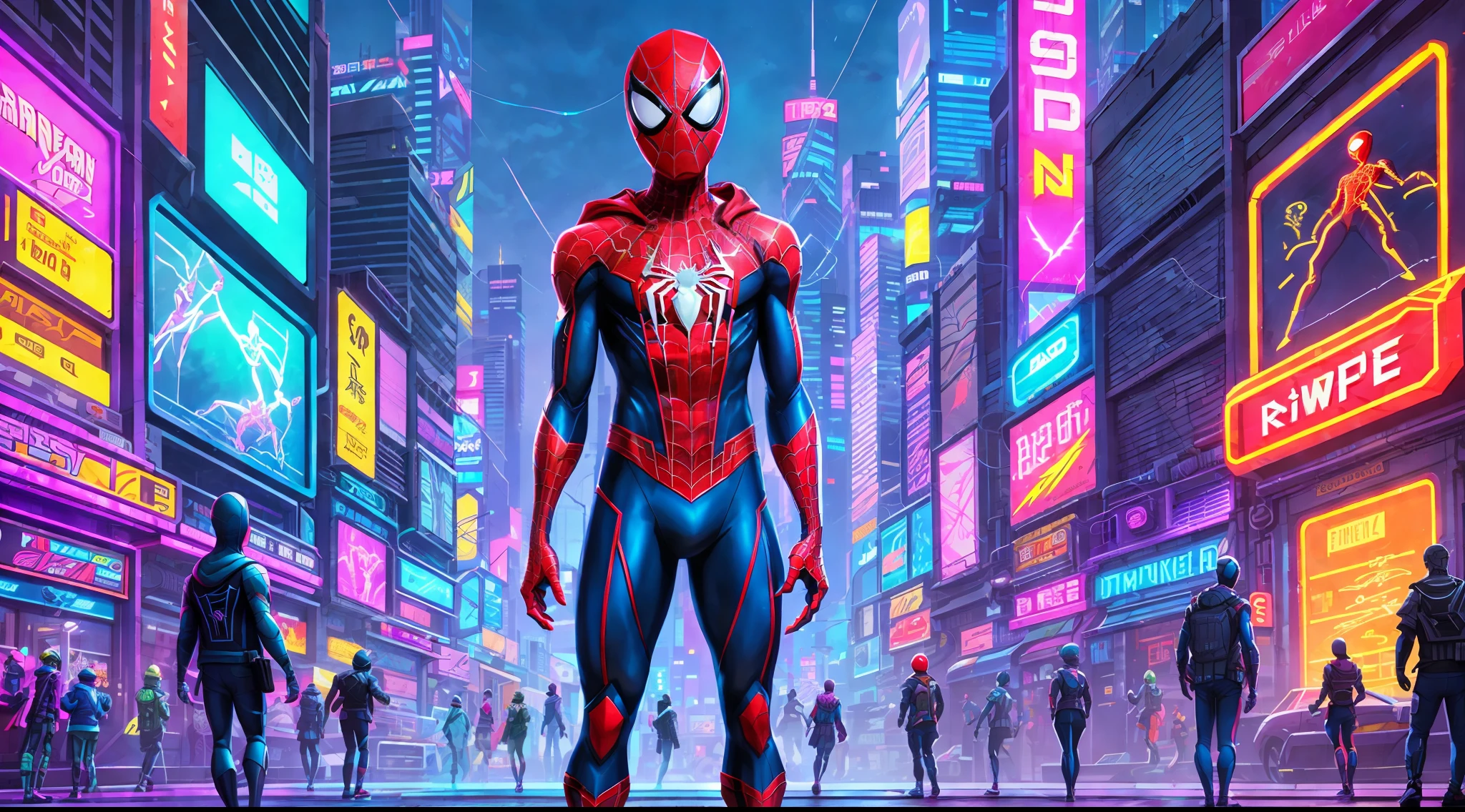 Spiderman, loish, full body shot, character sheet, lightningwave, 3d, cgi, glowing neon, cyberpunk, streetwear clothing, neon city --auto --s2