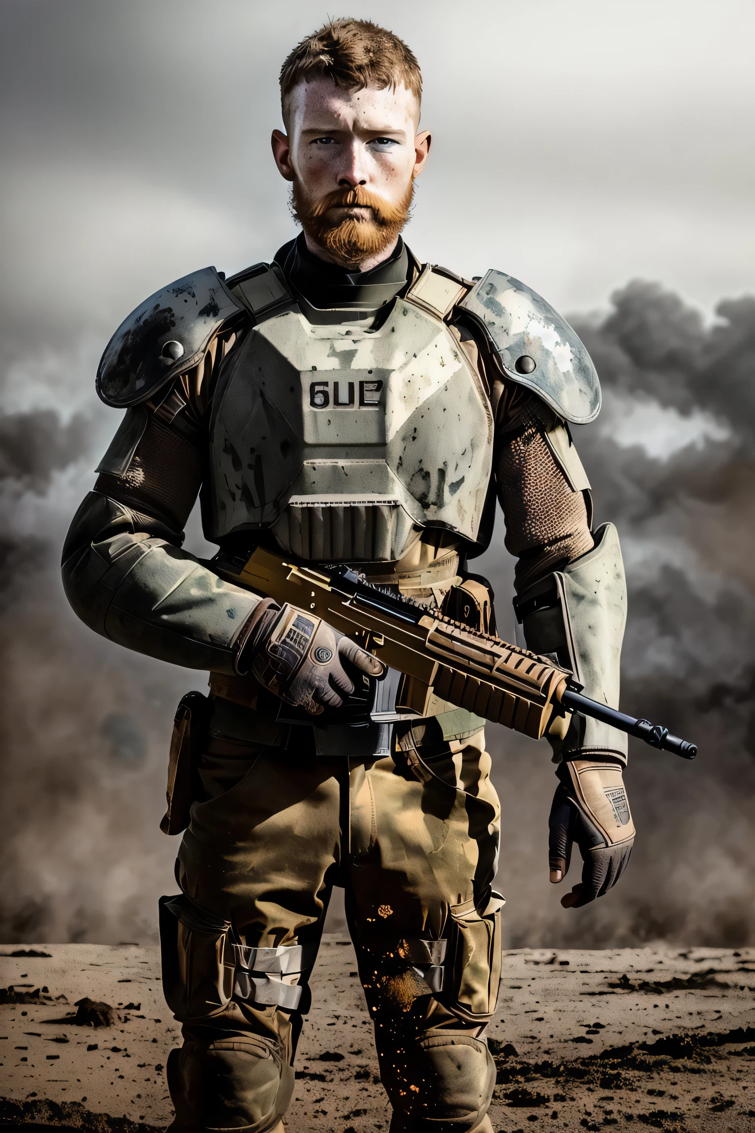 halfbody shot, raw  photo of  bearded man,Natred, (high detailed skin:1.2), realistic, tired soldier,  bare head, wearing  ["UK WWI  uniform": "futuristic power armor": .40] ,  he is holding a  [WWI | large laser]  rifle in his hands, muddy-, dirty, strong lighting, strong shadows, high quality, smokey battleground background