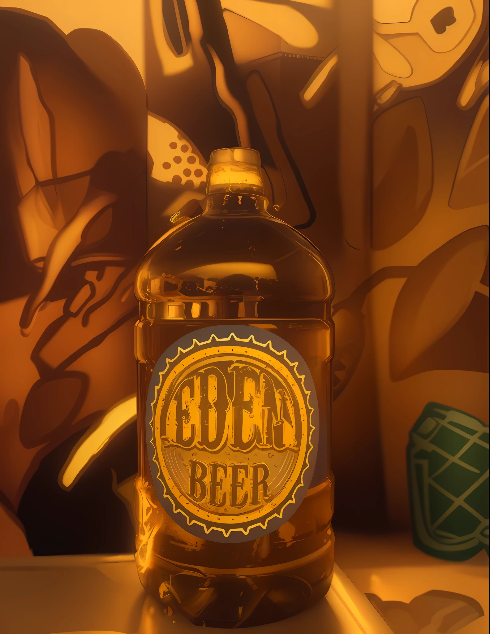 a close up of a bottle of beer on a table, inspired by Don Eddy, taken at golden hour, beer, eden, cider-man, cider - man, beer bottle, cold beer, beer logo, by Eddie Mendoza, morning golden hour, mead, by Denis Eden, by Eden Box, shot at golden hour, by Don Eddy
