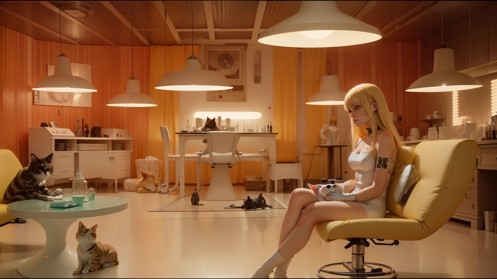 blond woman sitting in a chair with two cats in a room, die antwoord music video, depicted as a scifi scene, clockwork orange, frame from prometheus movie, by Pierre Laffillé, barbarella, by James Baynes, cheburashka, lab in the background, syringes --auto --s2