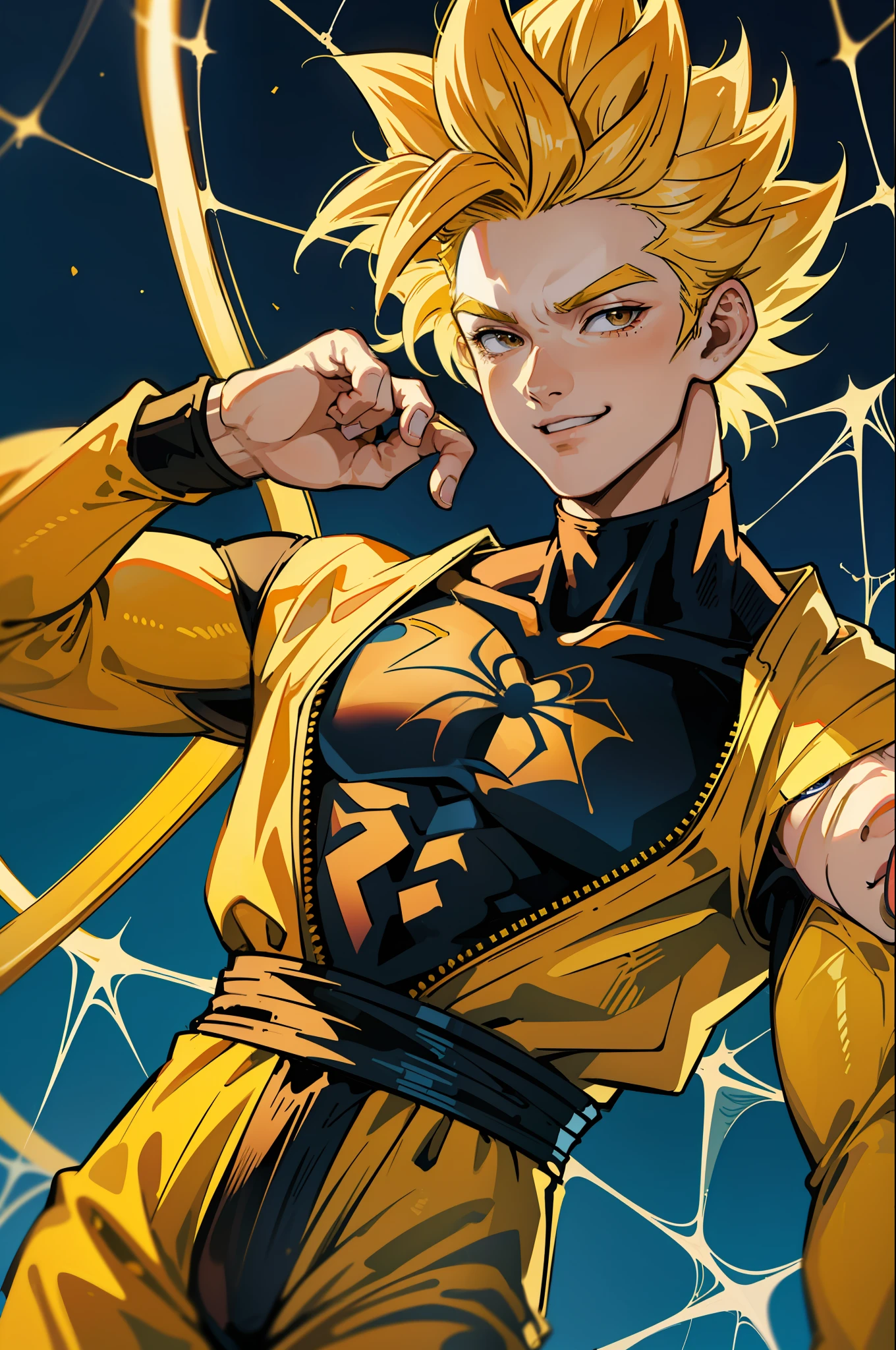 masterpiece, top quality, goku, super saiyan, yellow hair, yellow eyebrows, super realistic, cowboy shot, solo, 1 boy, smile, mouth closed, watch viewer, golden hair, black eyes, spider suit, bodysuit, cobweb print, cobweb