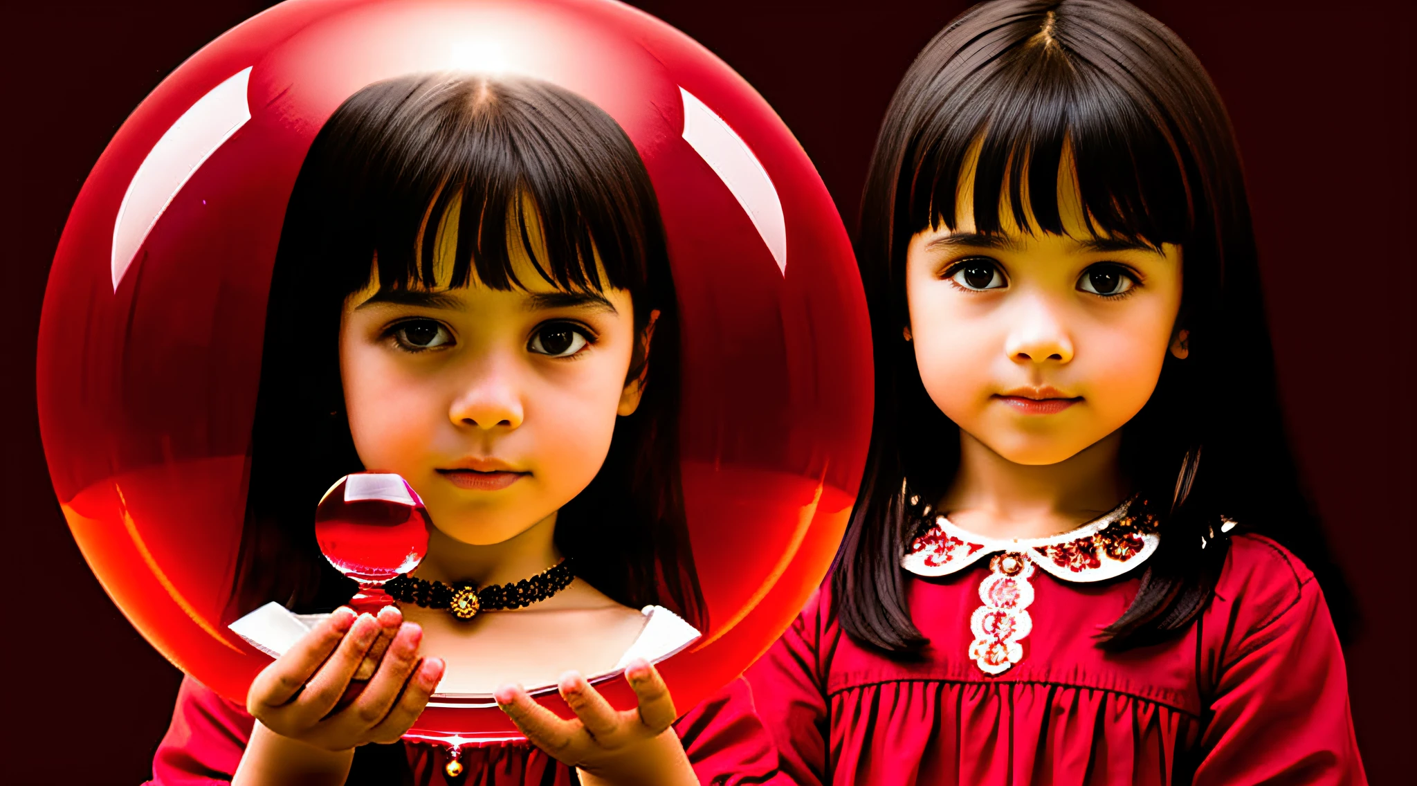 Child girl WITH STRAIGHT DARK HAIR, red BACKGROUND,a crystal ball in her hands.