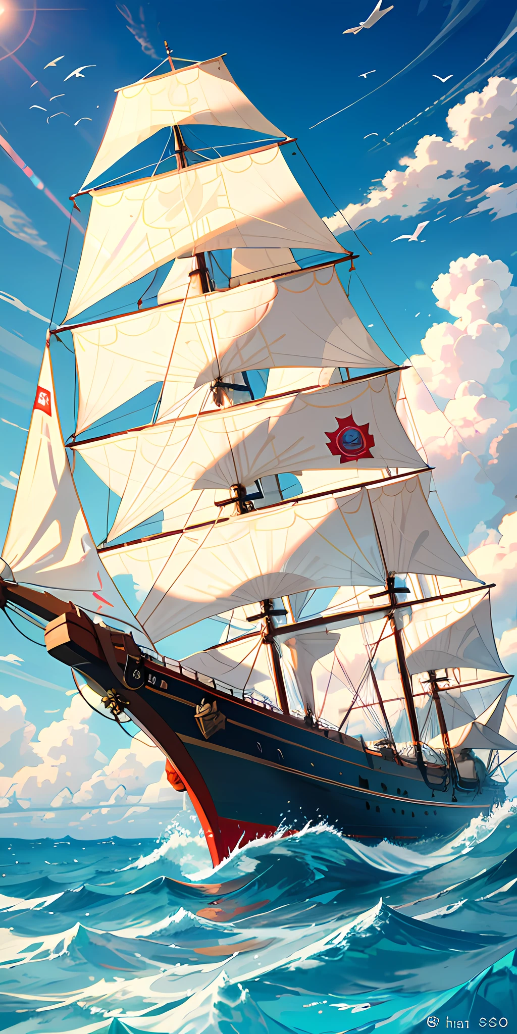 Masterpiece, best quality, Portuguese ship sailing on the high seas, wild ocean, clear sky, noon, epico, strong winds, red malt cross on the ship's sail, soft colors