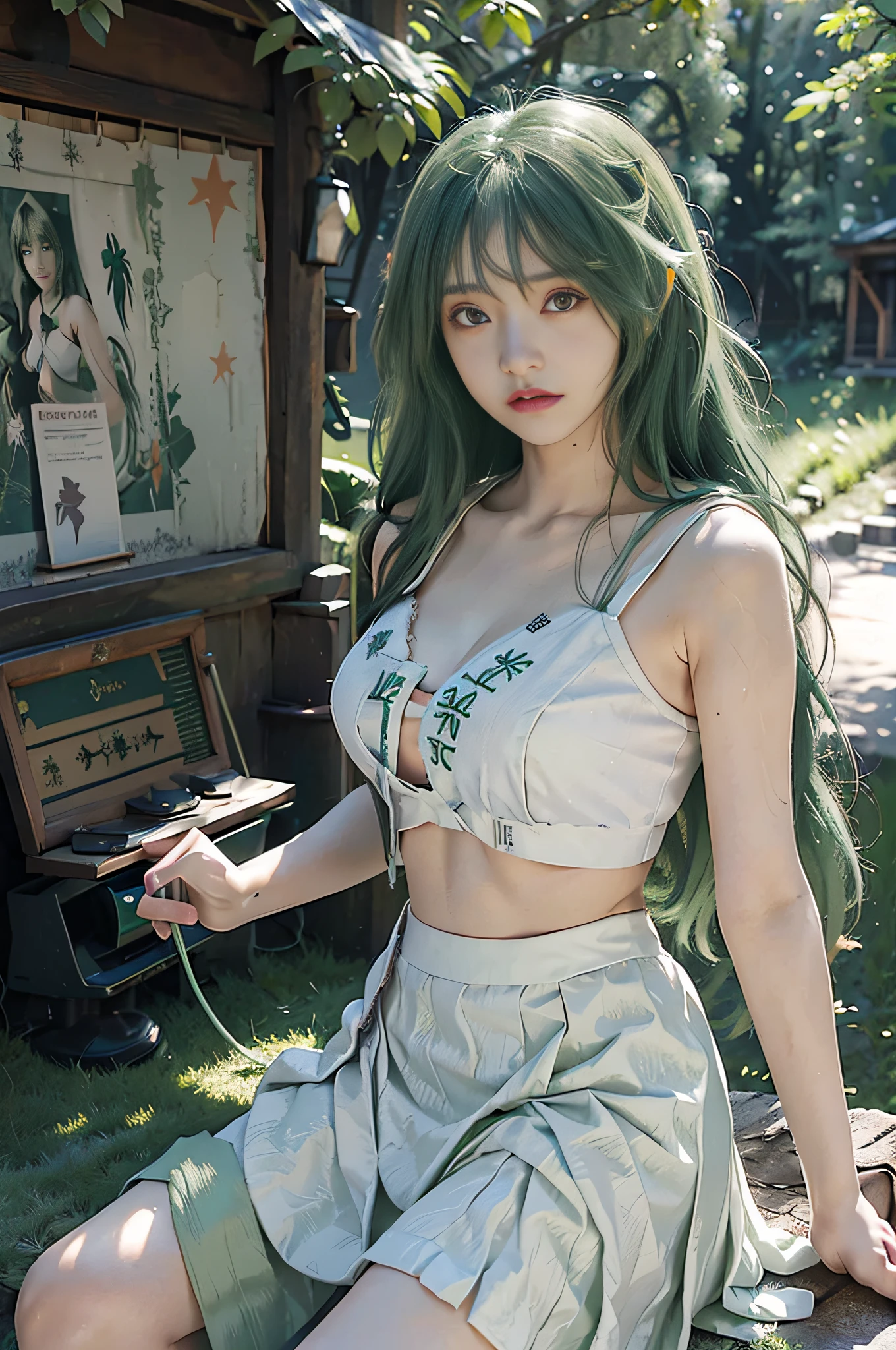 ((Sanae Tofuya)), ((Touhou Project)), Cosplay, ((Green hair)), ((Long hair)), ((White camisole), (((Green skirt)), Middle breast, ((Light clothing)))), (Pause)))), ((Shrine)))), Full body, Slim body, Slim girl model, 18 year old female model, Devil's Smile