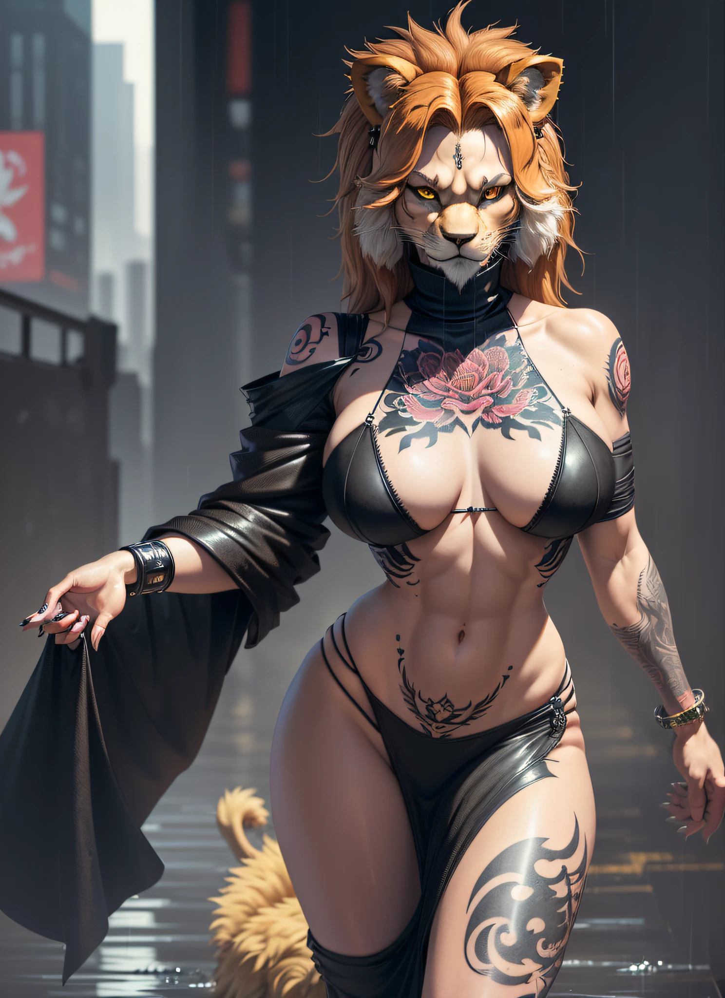 ((furry, anthropomorphic lion, best quality: 1.2)) , view from above ((Best quality)), (thin waist), ((masterpiece)), (detailed: 1.4), cyberpunk, large breasts, defined body ((yakuza tattoos)), ((heavy rain weather)),