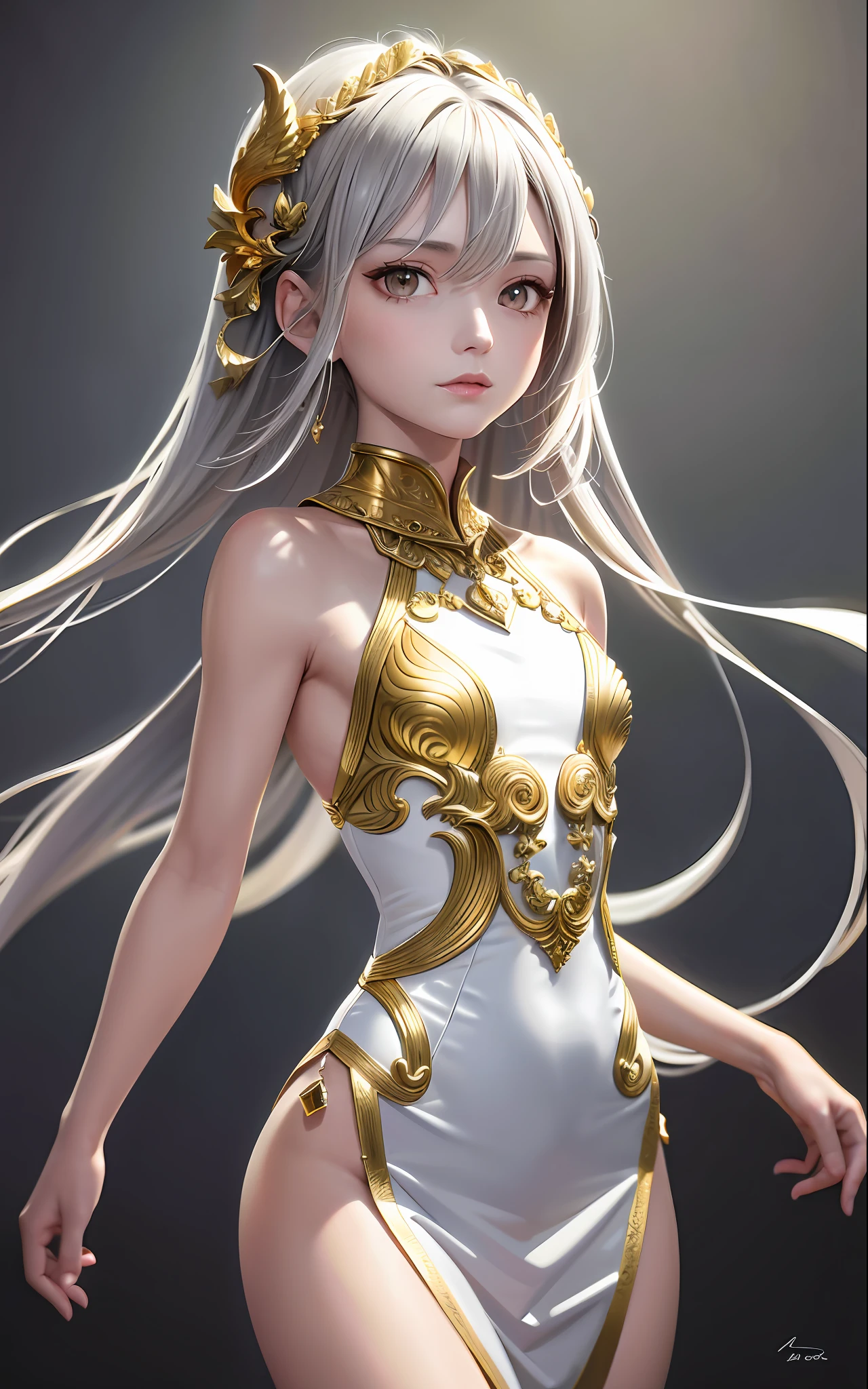 Superb Style, Masterpiece, High Resolution, Best Quality, UHD, Super Detail, Award-Awarded, 16k, (Upper Body), A Beautiful Maiden, Gray Hair, Hair, (((Golden Eyes))), Hanging Corners, Fair Skin, (Small Breasts), (Slim Body), ((White Dress))