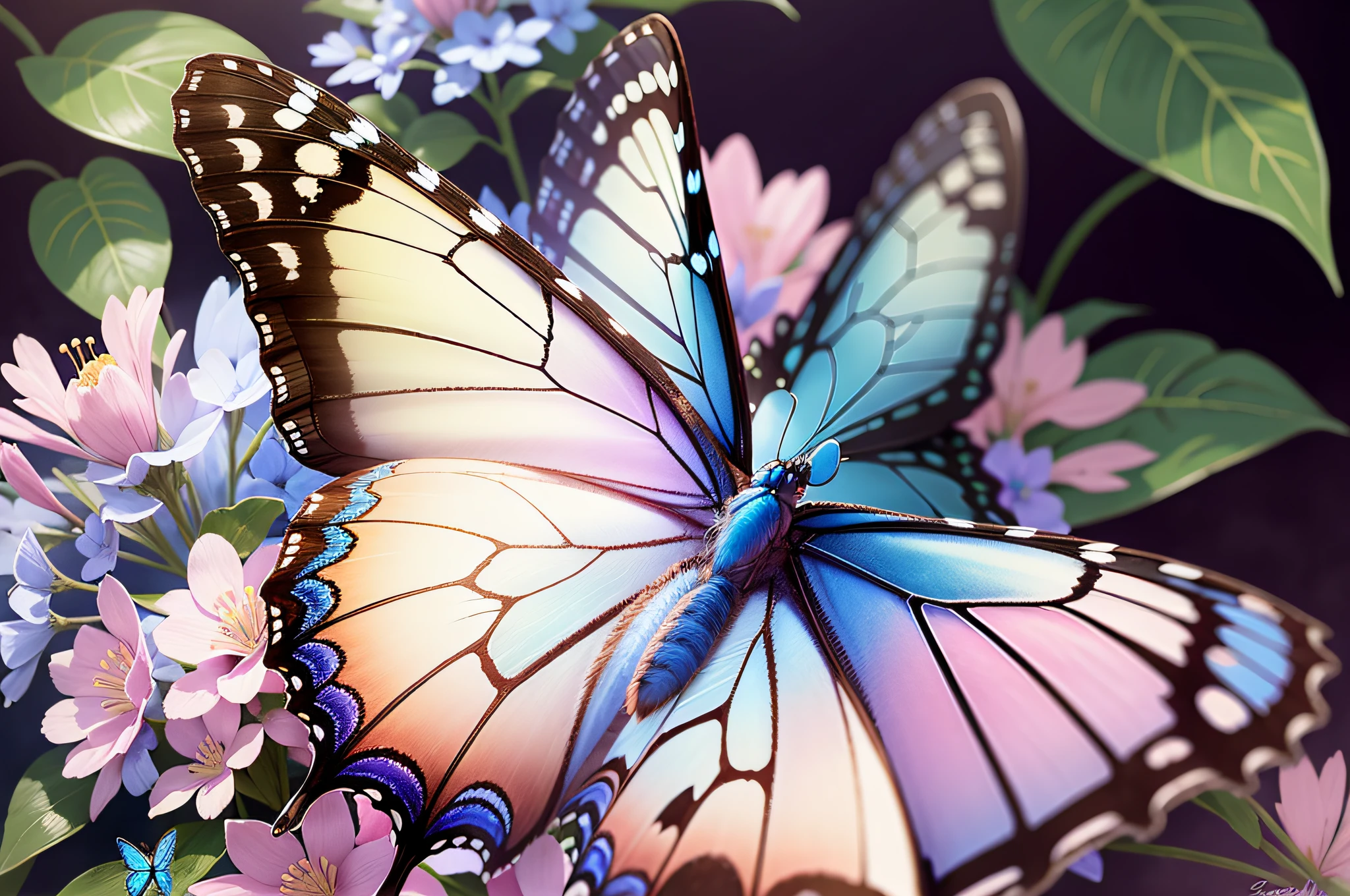 Beautiful blue butterfly Morpho on pink-violet flowers in spring in nature close-up macro. --auto --s2