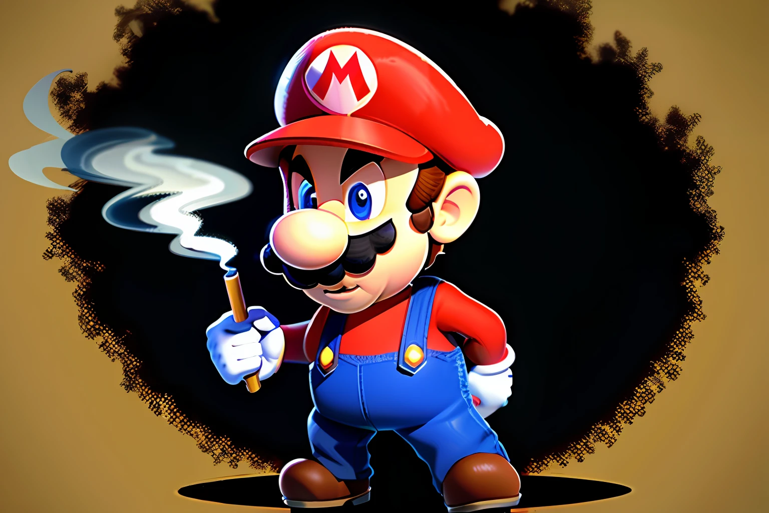 Super Mario smoking a macabre dark background