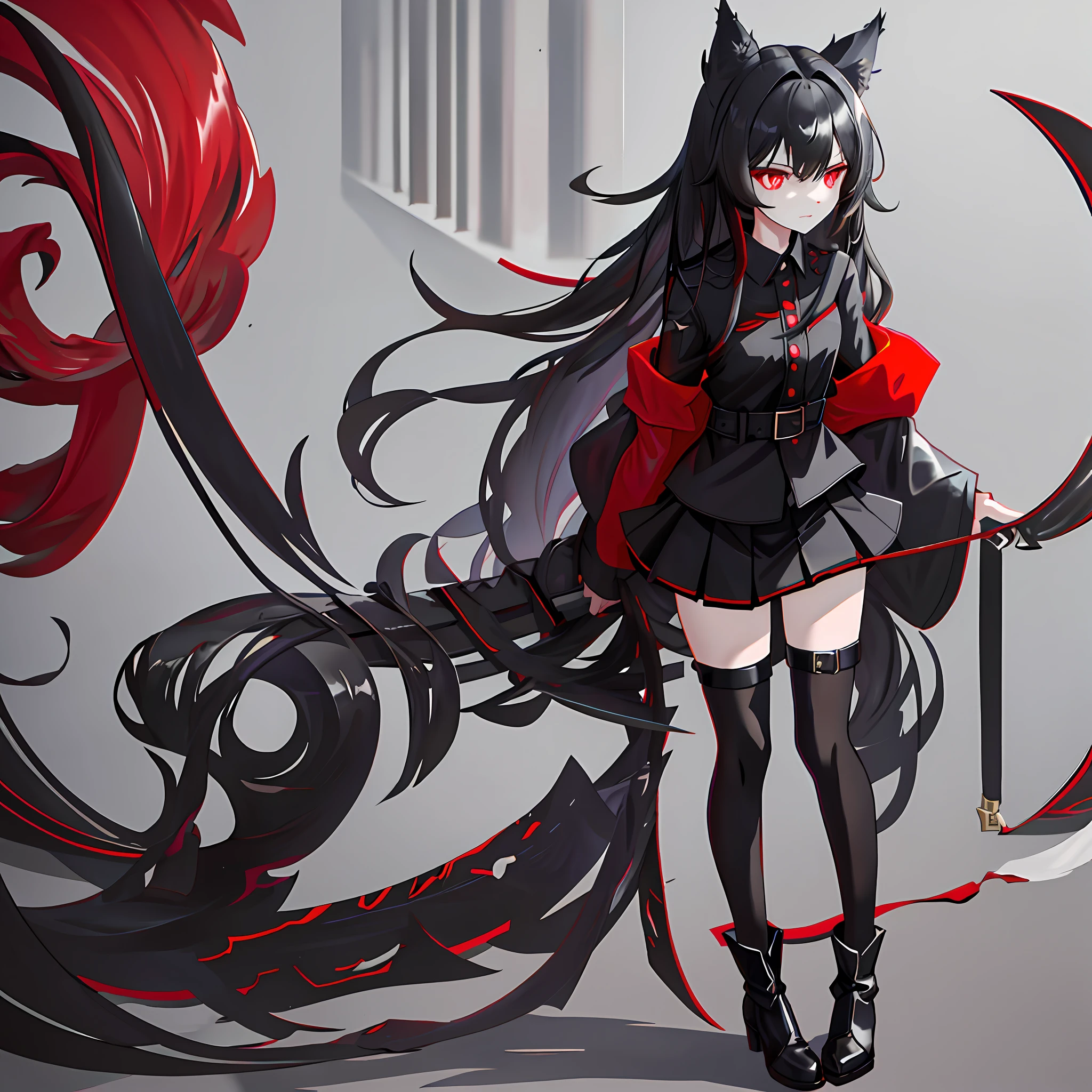 A girl with black hair, black wolf ears, black wolf tail, wearing a short black skirt and black stockings, blood red eyes, wearing gray boots, 173 meters tall, in the city