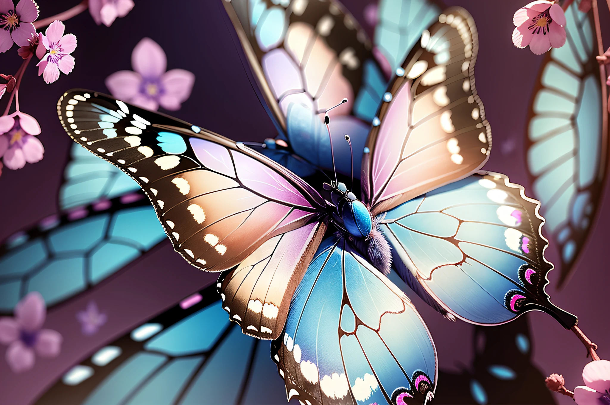 Beautiful blue butterfly Morpho on pink-violet flowers in spring in nature close-up macro. --auto --s2