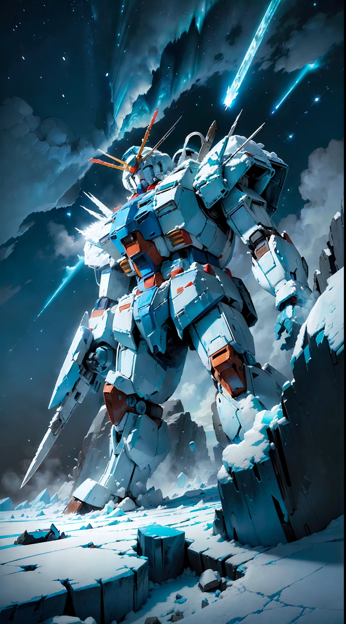 ((((Super Huge Blue and White Cool Gundam)))), (((Rusty)), (((Looking Up))), Blue Tones, Night, (Aurora), (Meteor), ((Sublime Glacier)), Broken Ice Wall Covered with Ice and Snow, Condensed Huge Ice Picks, Blizzards, Hail, Ice and Snow Covering Everything, Huge Footprints, Dark Clouds, Eerie Horror, Rich Cold Breath, Cracked Ice, Floating Ice, Rusty, Uneven Road, Potholes, Turquoise and White Rock Material, Full Body View, Condensed ice pick, a warrior hunting, huge cracks in the stone wall, crushed ice, gloomy, super fine face, (((close-up))), ((depth of field)), master work, super fine, high quality, 16k resolution, cinematic lighting