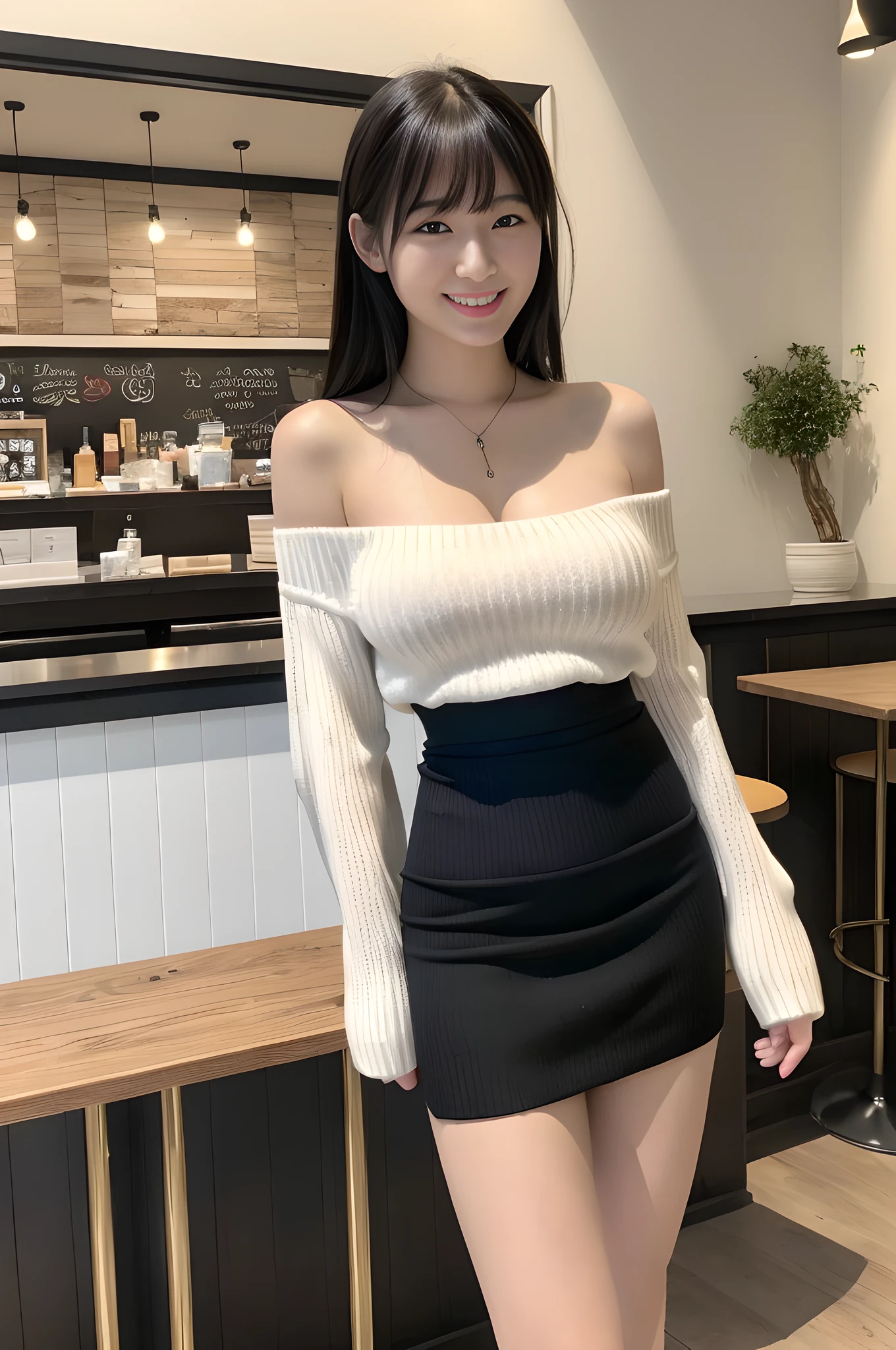 (Best quality, 8k, 32k, Masterpiece, UHD:1.2), Photo of Pretty Japanese girl, (big breasts), black hair, bangs,
intricate details, (photorealistic), beautiful outside, sunny, (in indoor cafe), (bare shoulders, white ribbed sweater),
(black pencil skirt, high-waist skirt), necklace, black pantyhose, (smile), double eyelid