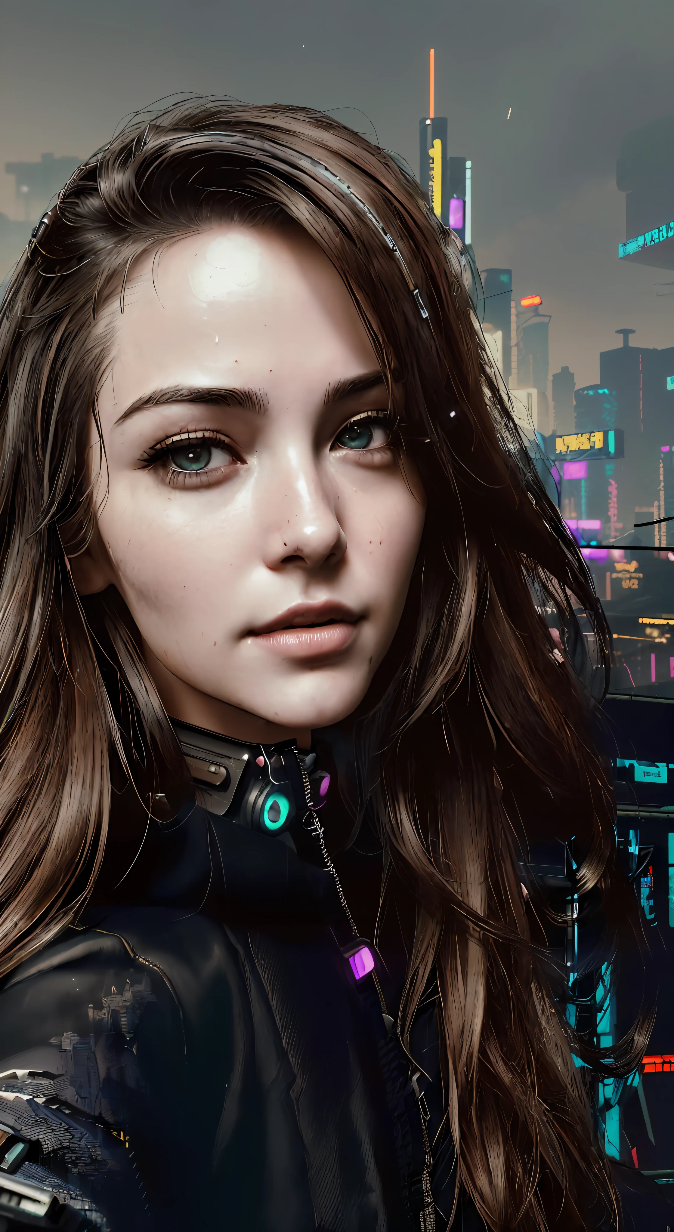 analog style, model shooting style, photo ((selfie:1.8)) girls, 1girl, (cyberpunk:1.8, cyberpunk city background:1.8), ((cutest face: 1.8, perfect face:1.3)), (long dark hair:1.4, pale skin:1.5),
(top:1.2), best quality, epic (photo by Lee Jeffries, Sony A7, 50mm, pores:1.5, colors, hyper-detailed:1.5, film grain:1.4,
hyper-realistic: 1.5), hyper-realistic realistic texture, masterpiece, unreal engine 5, extremely detailed CG unity 8k wallpapers, realistic eyes,
Insanely detailed photography (ecstasy of light and shadow, deep shadow), (Winner of the Pulitzer Prize in Photography and the Taylor Wessing Photographic Prize)