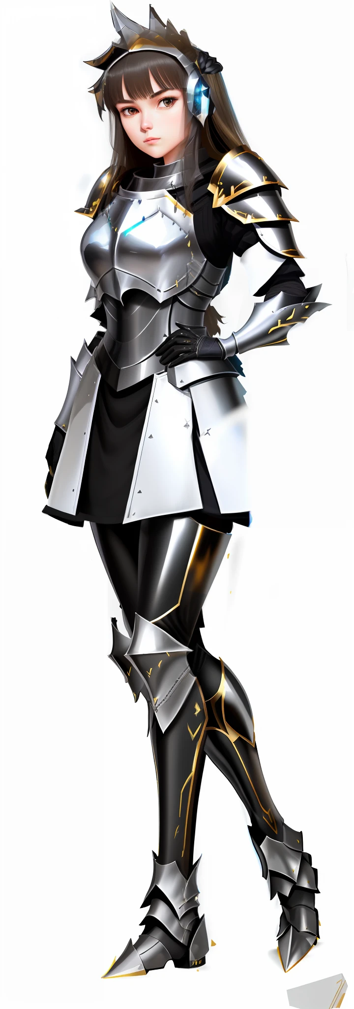 arafed woman in armor posing for a picture in a white background, glossy black armor, female knight, shiny black and gold heavy armor, girl in knight armor, shining plate armor, female paladin, paladin armor, heavy black and golden armor, dressed in light armor, epic paladin armor, with sleek silver armor, female armor, shiny plastic armor