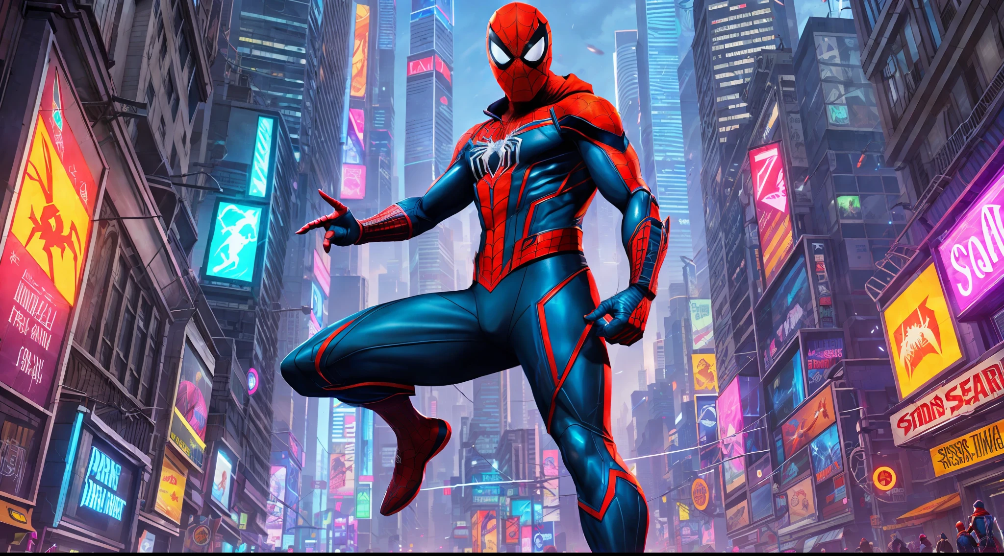 Spider-man assassins creed, loish, full body shot, character sheet, lightning wave, 3d, cgi, bright neon, cyberpunk, streetwear clothes, neon city --auto --s2