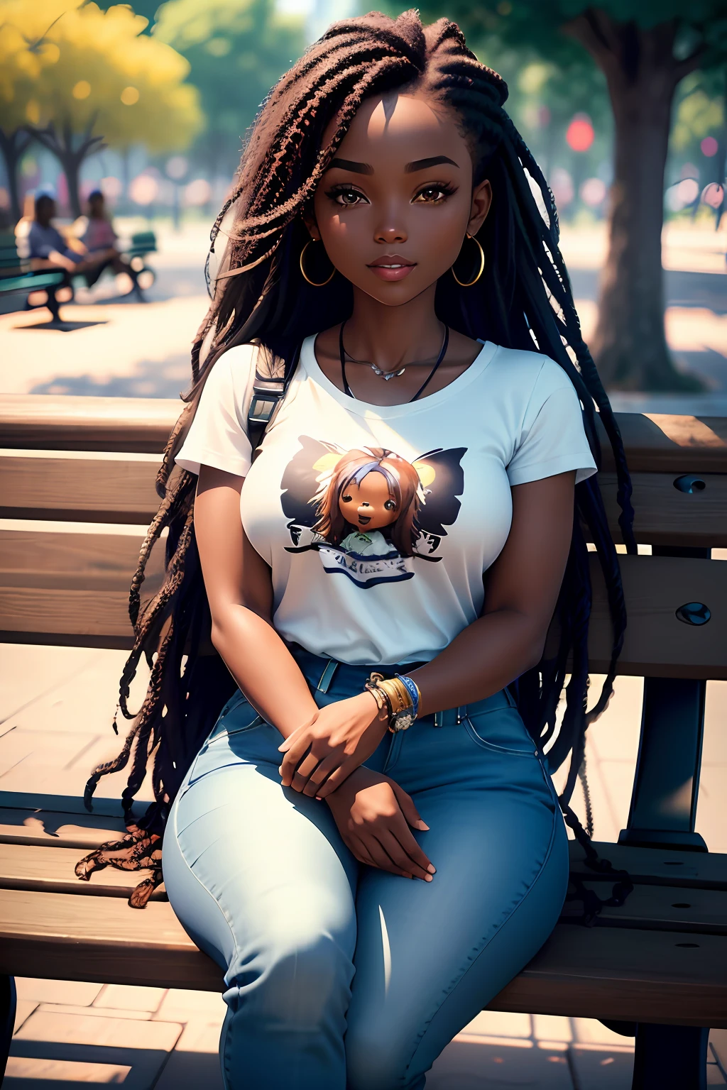 realistic portrait of cute 9  African American little giark skin color)) drinking coffee, ((chibi)), cute smile, ((sitting on a park bench)), wearing white T-shirt and jeans, current fashion, long hair mega hair, ((kanekalon)), background dark lighting, close-up, product view, detailed facial details, perfect face, sharpness, trend art, sharp facial details, cgsociety, ultra high quality digital art , exquisite hyper details, 4k, 8k soft lighting, dreamy  fashion --auto --s2