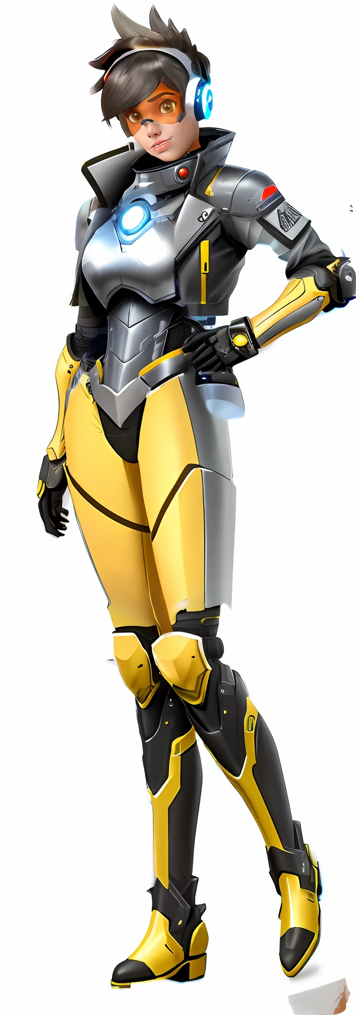 Cyberspace sci-fi armor, heavy plate armored boots, thigh-high boots, shiny mustard yellow with black trim