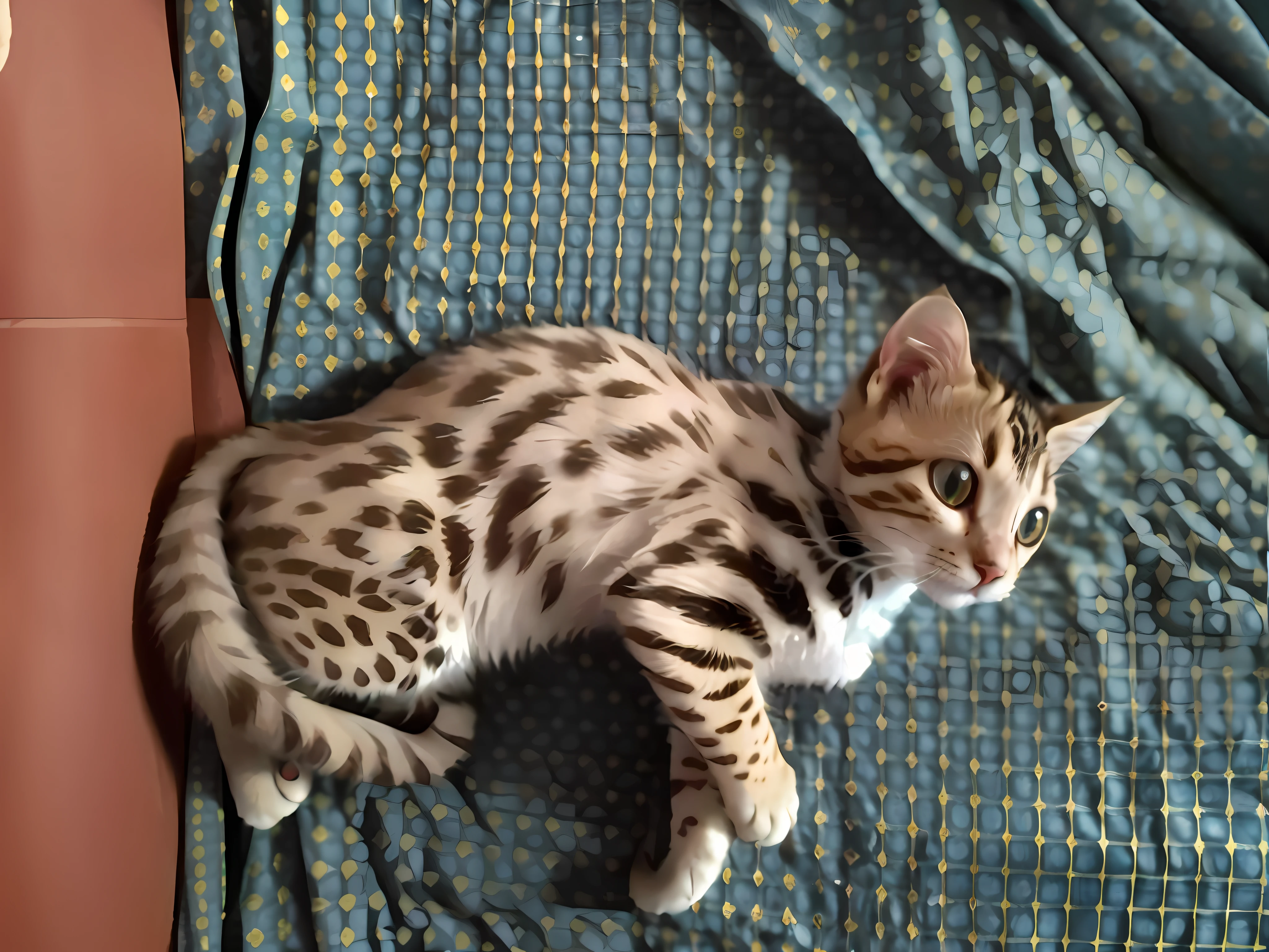 there is a cat that is laying on a bed with a blanket, spotted ultra realistic, white with chocolate brown spots, with cute doting eyes, the cutest kitten ever, the cat looks like giraffe, awesome cat, beautiful cat, big cute eyes, beautiful and elegant, hyper detailed!!, hyper detailed!!!, has a very realistic look to it, a cute cat