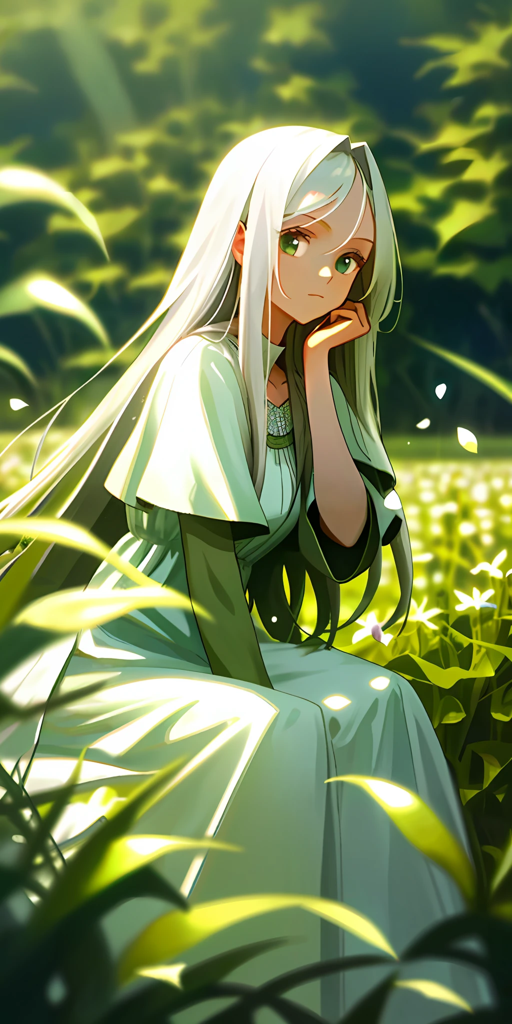 (masterpiece, best quality),1girl with long white hair sitting in a field of green plants and flowers, her hand under her chin, warm lighting, white dress, blurry foreground