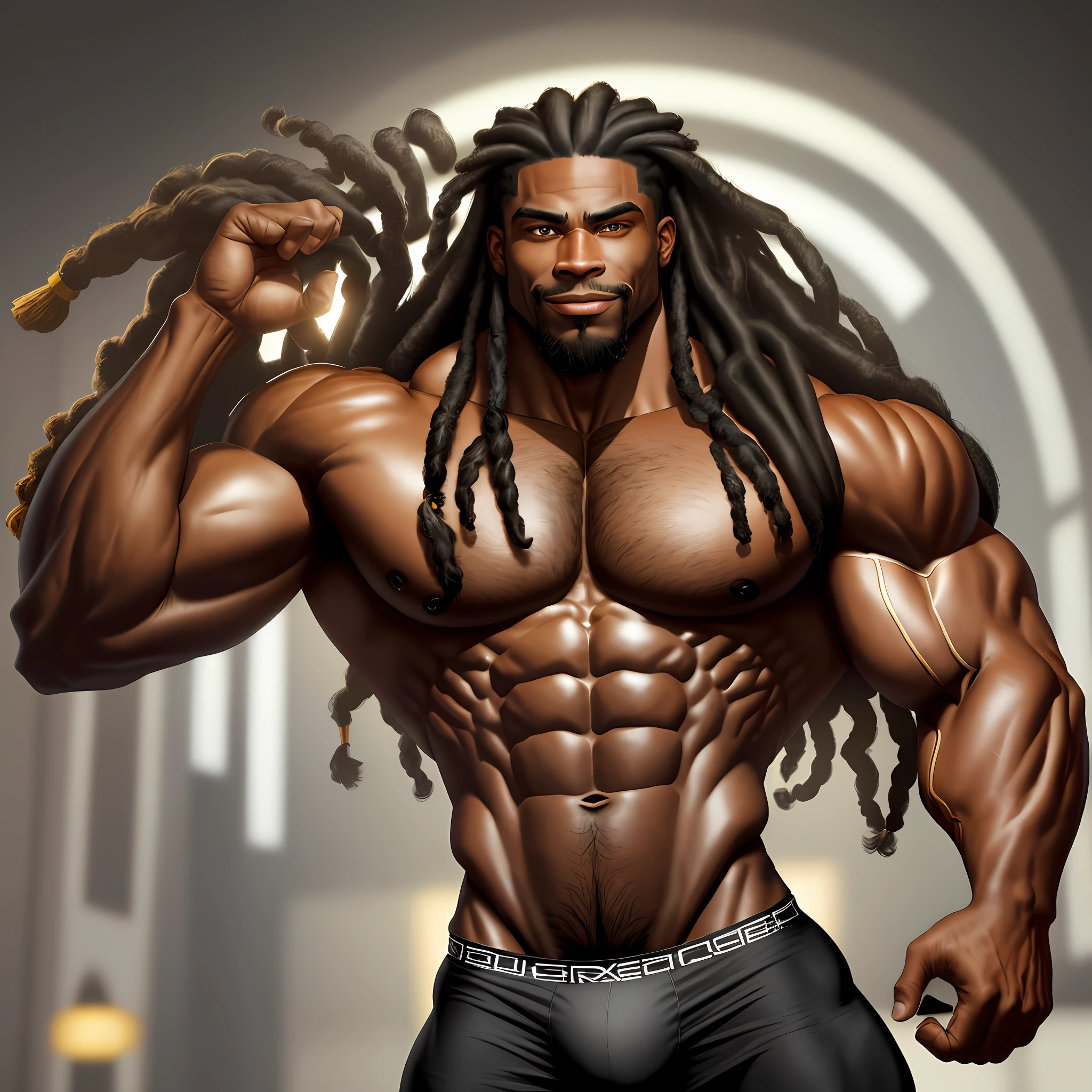 A realistic, insanely muscular black man with a buff, hairy body, and long hair dreadlocks,flexing his huge muscles while wearing only tight briefs, a large underwear bulge, and a smirk on his face.