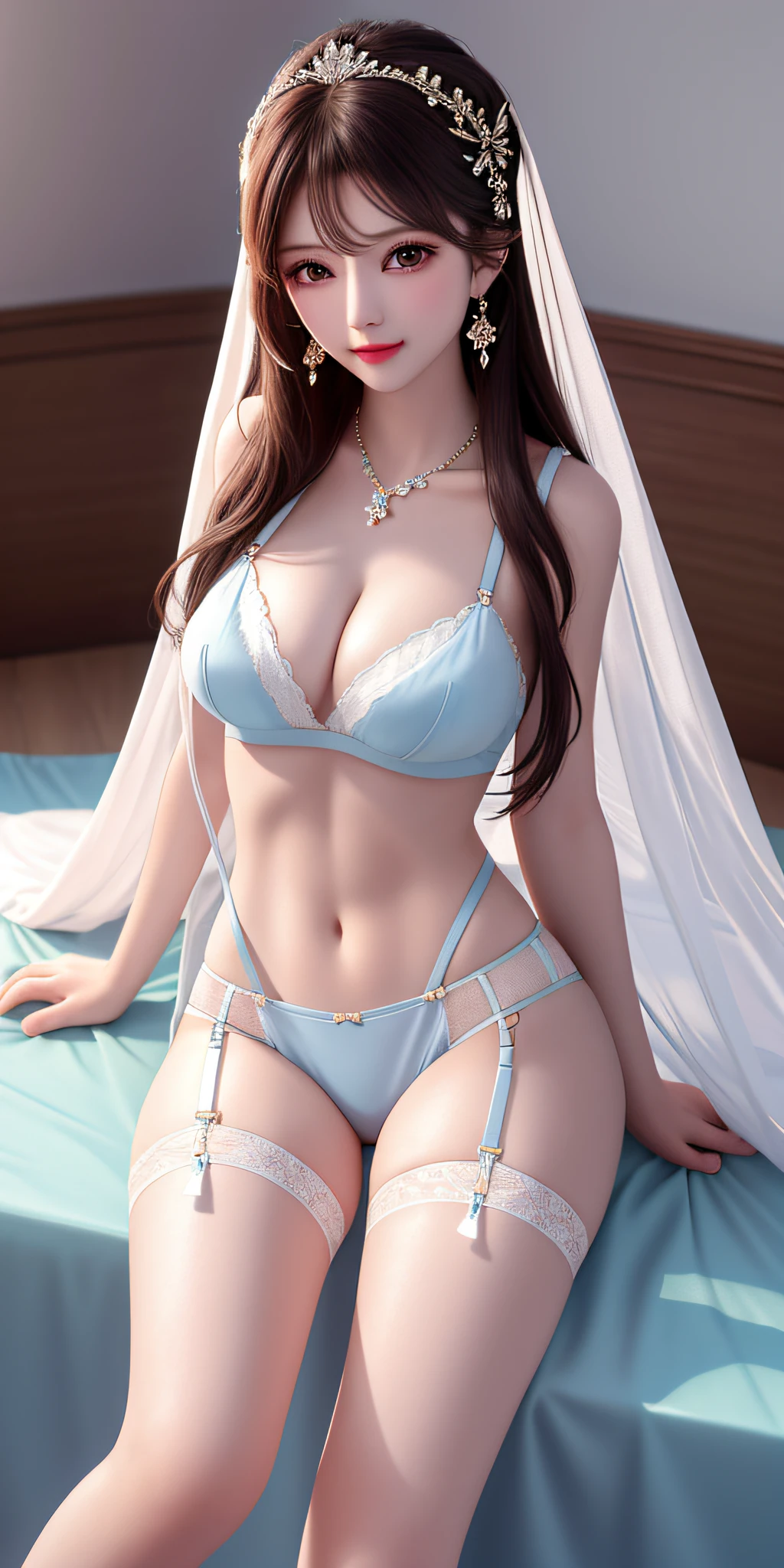 Best Quality, Masterpiece, High Resolution, 1girl, Clear Silk Porcelain Suspender, Pale Pink Suspender, Light Blue Suspender, Light Red Suspender, Lilac Suspender, (Leaking Pussy: 1.2), (Clear Panties: 1.2), (Panty Tightening: 1.4), Sit Down, Spread Legs (Legs Apart: 1.2), Larger Boobs, Cleavage, Leaking Chest, Leaking Belly Pollicus, Sexy Long Legs, Beautiful Face, Hair Accessories, Looking at the Audience, Smile, Shut Your Mouth, Lips, Dresses, Hair Accessories, Necklaces, Jewelry, Long Hair, Earrings, Pretty Face, Body, Tindal Effect, Realism, Shadow Studio, Edge Lighting, Two-Color Lighting, (High Detail Skin: 1.2), 8k UHD, DSLR, Soft Light, High Quality, Volumetric Lighting, Photo, High Resolution 4K, 8K, Blurred Background