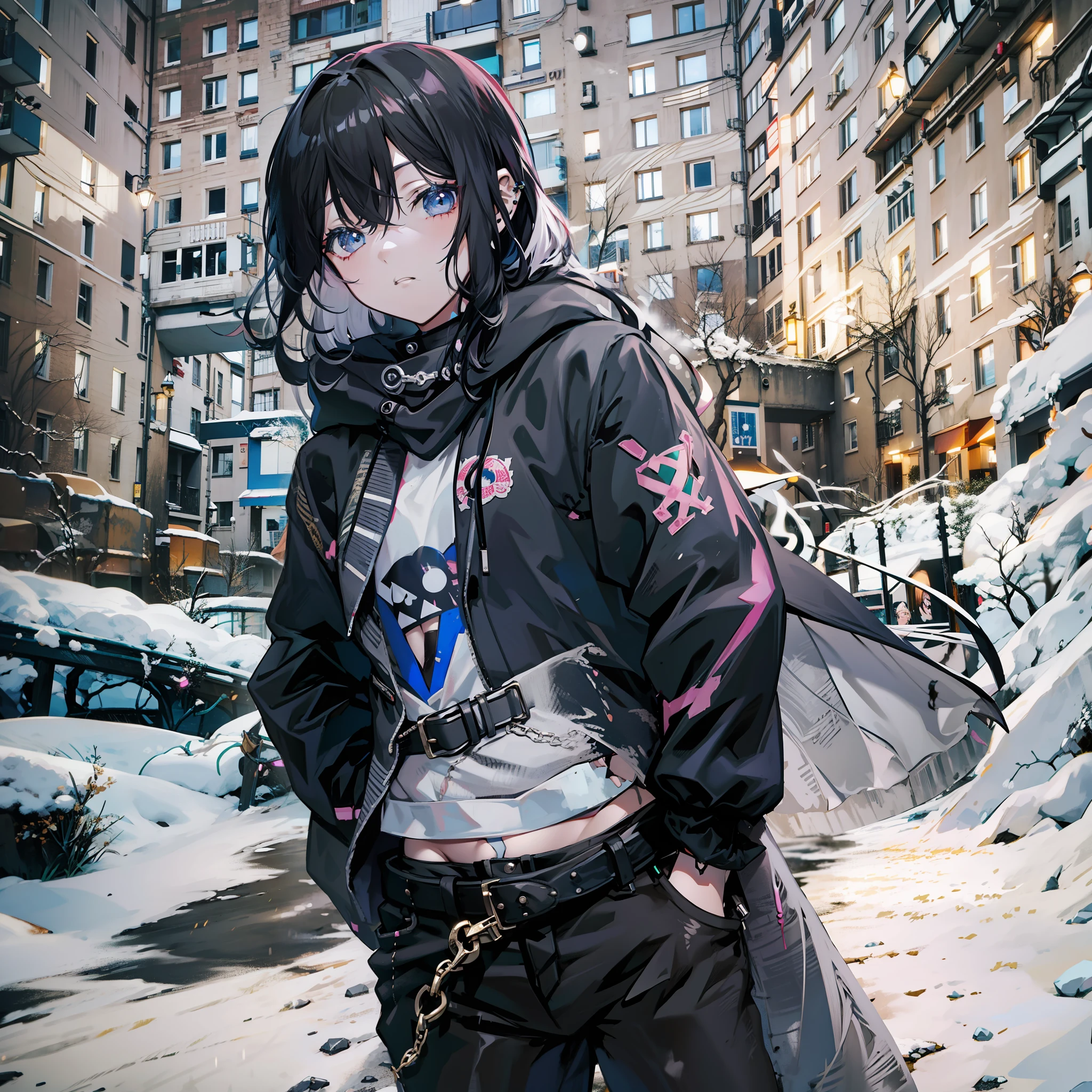 anime girl,night, punk girl, long hair, in pants, grey cloak , best hand, good hand,no skin