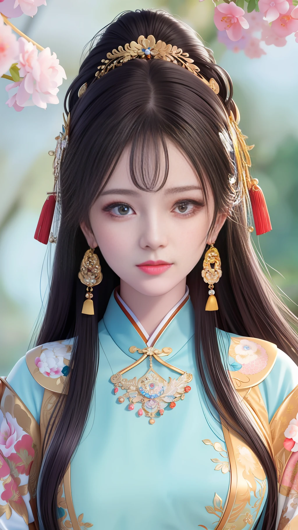 A girl with long hair, wearing traditional Chinese clothing, wearing hair accessories, necklaces, jewelry, earrings, the highest quality reaches 8K, detailed and exquisite eyes, colorful, full of composition, very exquisite face, colorful, fine, ultra-high-definition wallpaper, deep blur, background blur, foreground blur, very delicate, beautiful face, eyes and girls, super detail, super detail, highest quality (1.12), detail (1.12), intricate (1.12), super detail (1.12), super detail (1.12), High resolution (1.12), rich in color (1.12).