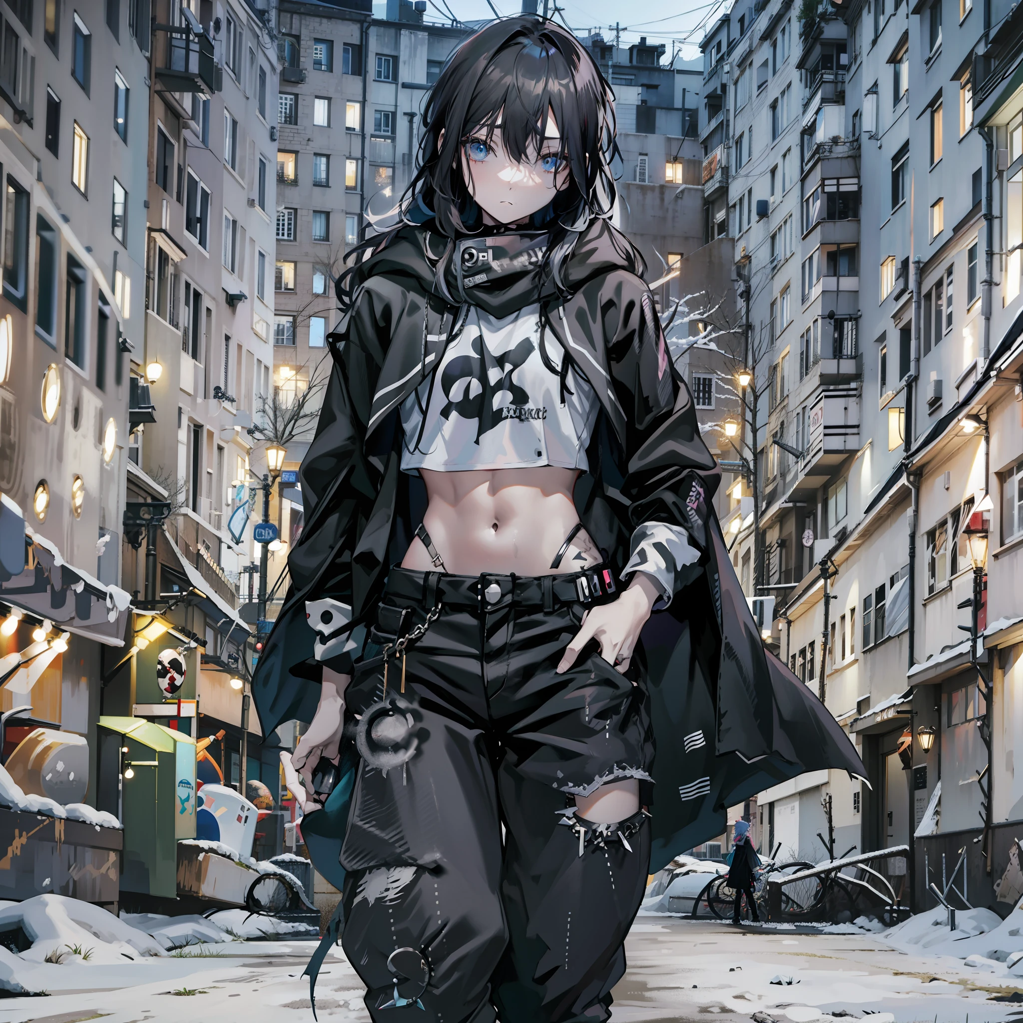 anime girl,night, punk girl, long hair, in pants, grey cloak , best hand, good hand,no skin