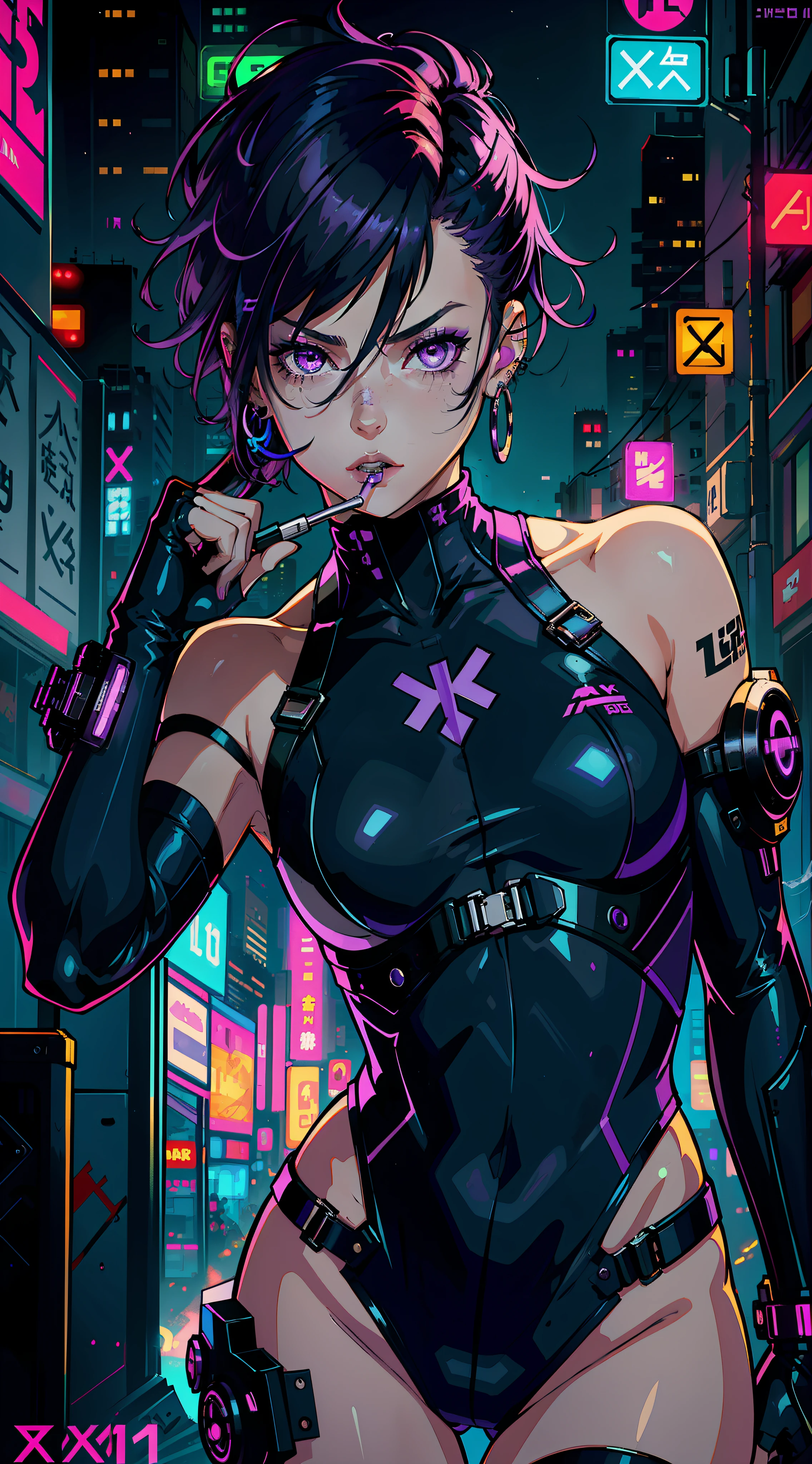 1 girl, solo, colorful, purple eyes, cyberpunk, city, peace sign, earrings, purple hair, eye patch, short hair, prosthesis, mechanic, neon, beautiful lighting, purple reflection, cap, smoking, character focus, CG illustration, bust shot, purple and black costume, black hair, with Japan sword